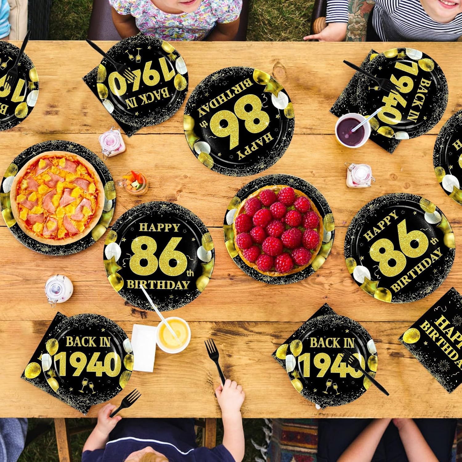 96Pcs 86th Birthday Decorations for Men Women Black Gold 86th Birthday Party Plates Back In 1940 Disposable 86 Paper Tableware Set for Happy 86 Year Old Party Supplies Serves 24