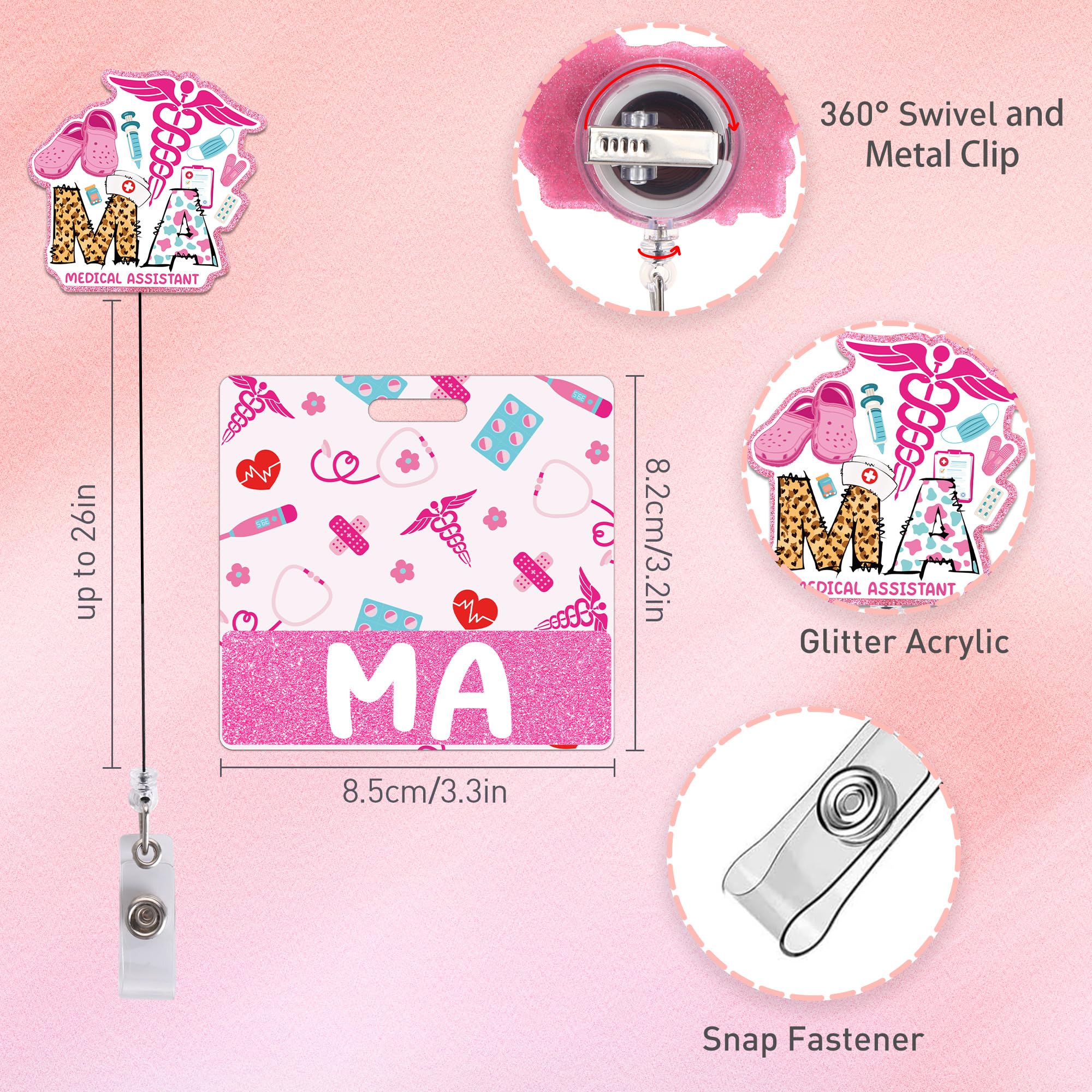 Medical Assistant Badge Reel and Buddy, Pink Retractable ID Holder with Swivel Clip and MA Badge Buddy, Medical Assistant Gifts and Accessories for Work