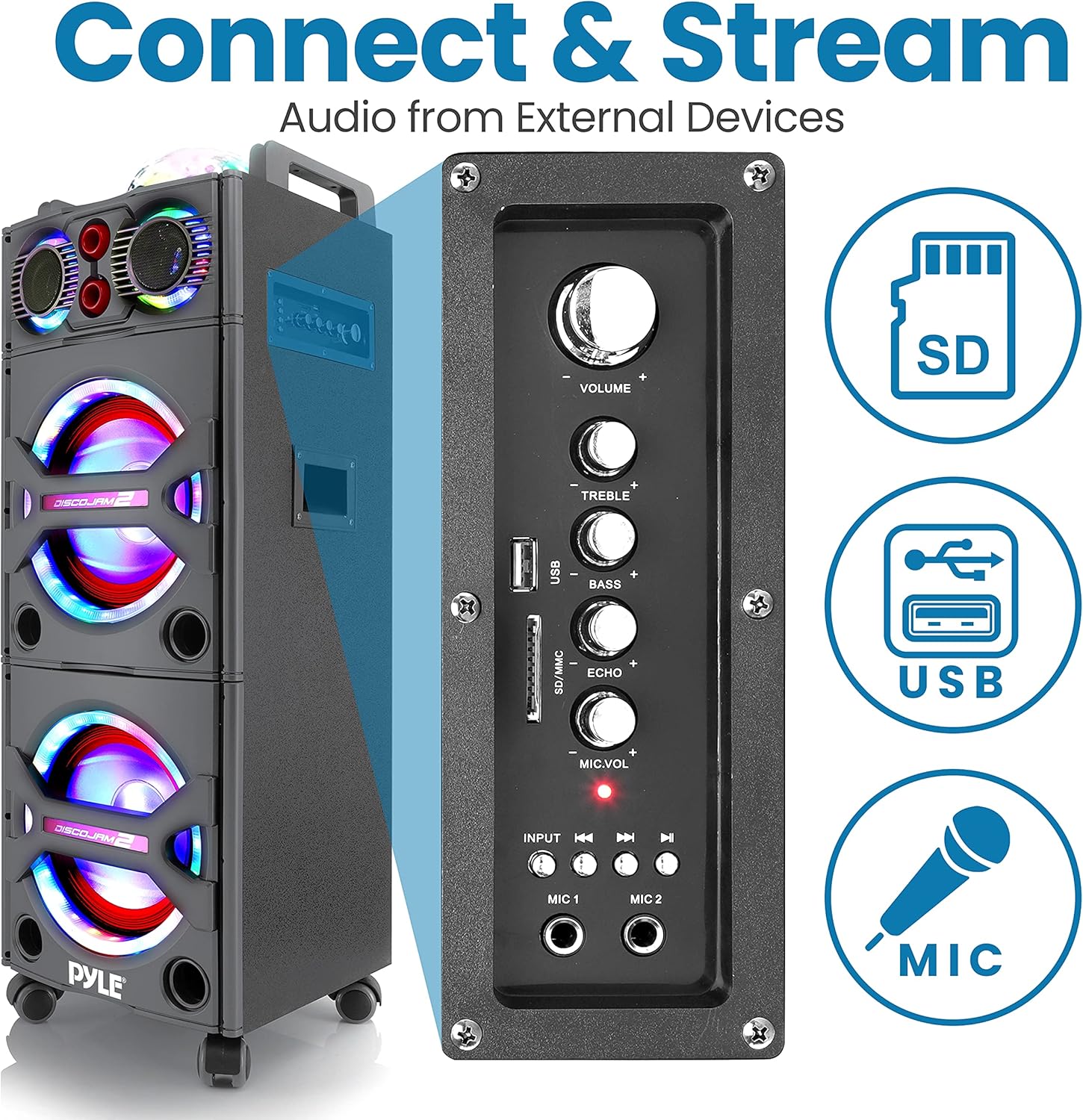 Pyle Portable Bluetooth PA Speaker System - 2000W Active powered Outdoor Bluetooth Speaker Portable PA System w/ Microphone In, Party Lights, USB SD Card Reader, AUX/RCA/FM Radio, Wheels - PSUFM1043BT : Musical Instruments