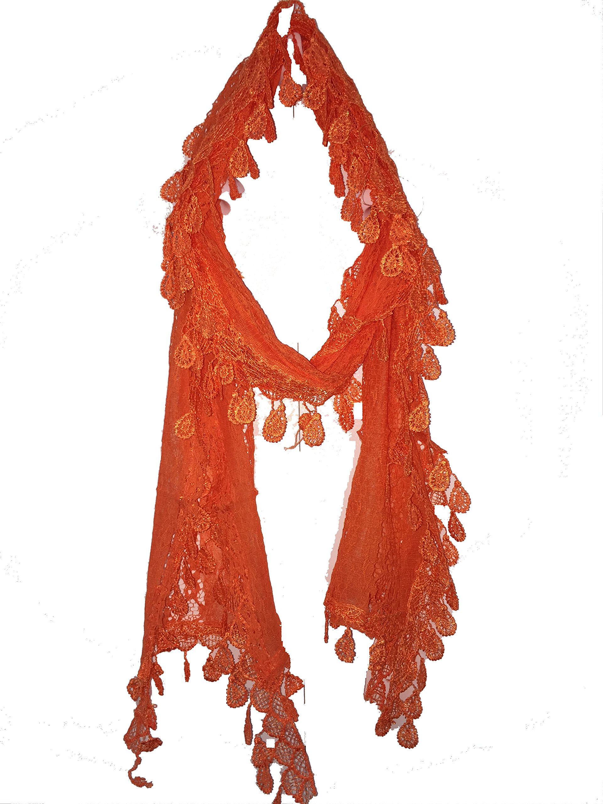 Pamper Yourself Now Ladies Long Thin Leaf lace Scarf, Great for Presents/Gifts. (Illuminous Orange)
