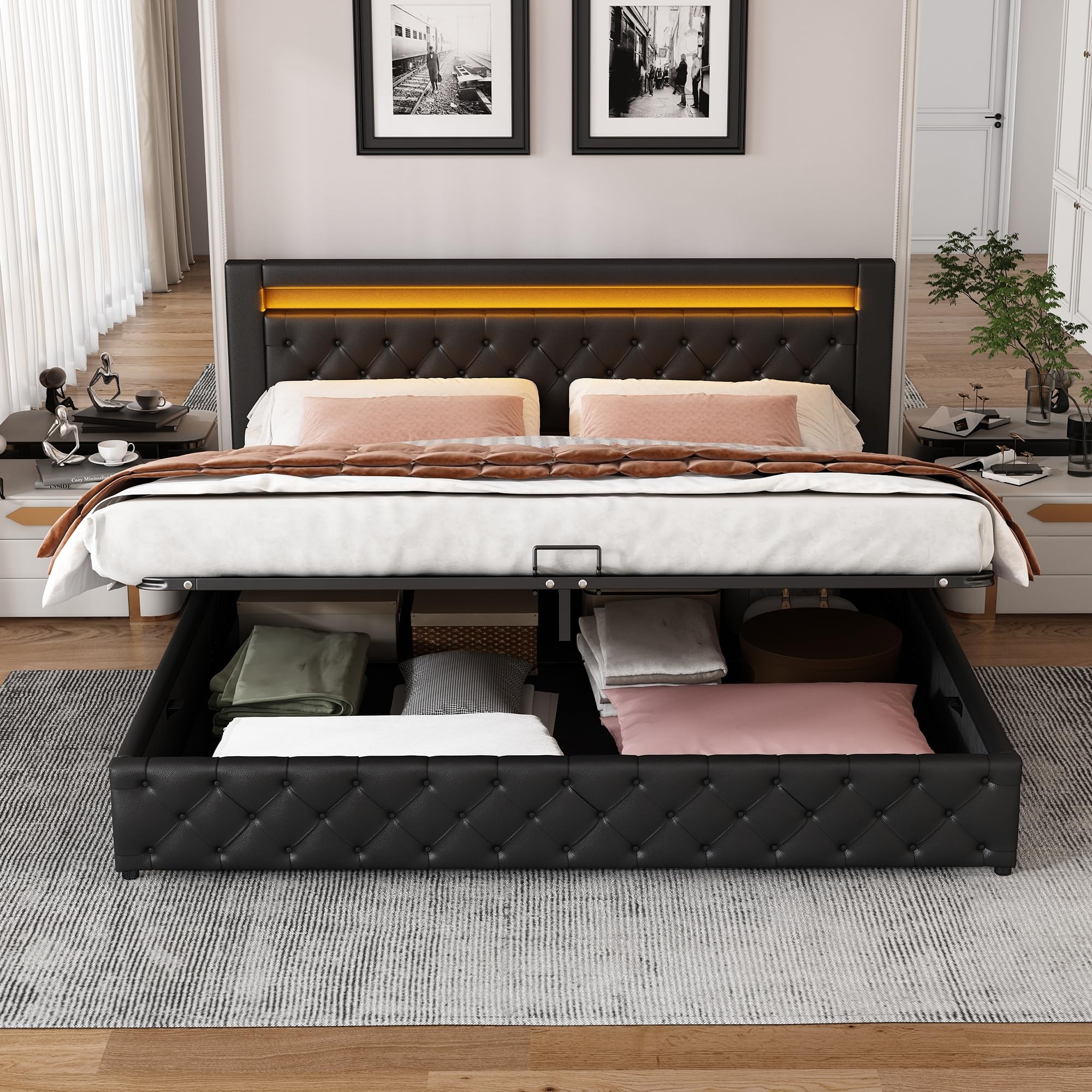Cama Tapizada Camas Matrimoniales 180x200 con Luces LED Cabecero, Estructura de Cama Doble con Espacio de Almacenamiento Hidráulico, Camas Somier con Láminas Madera, Sin Colchón, PU, Negro