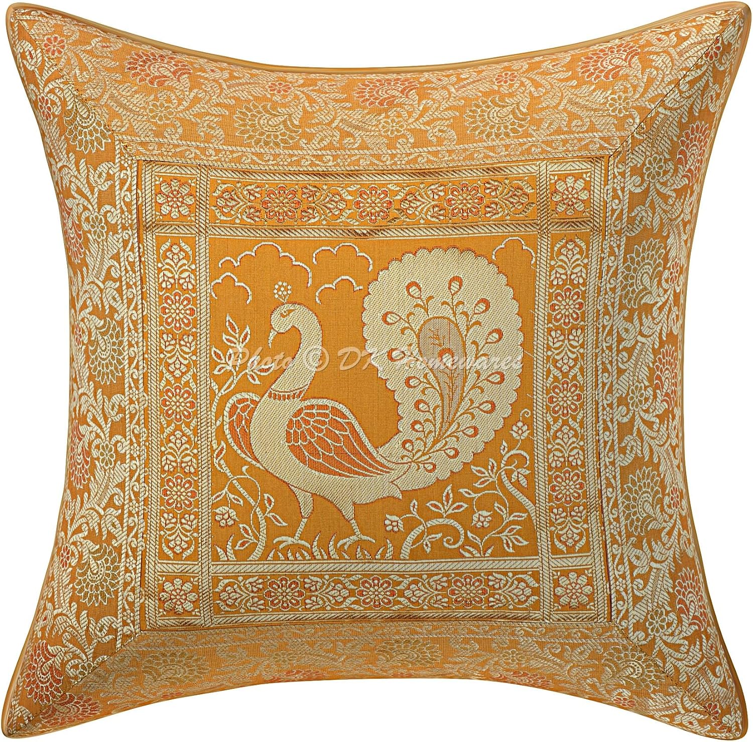 Indian Throw Cushion Covers 16 Inch Brocade Jacquard Weave Ethnic Peacock Square Cushion Covers (Size - 40x40 cm ; Color: Mustard Yellow & Gold) - Set of 4 Pcs (Cover Only)