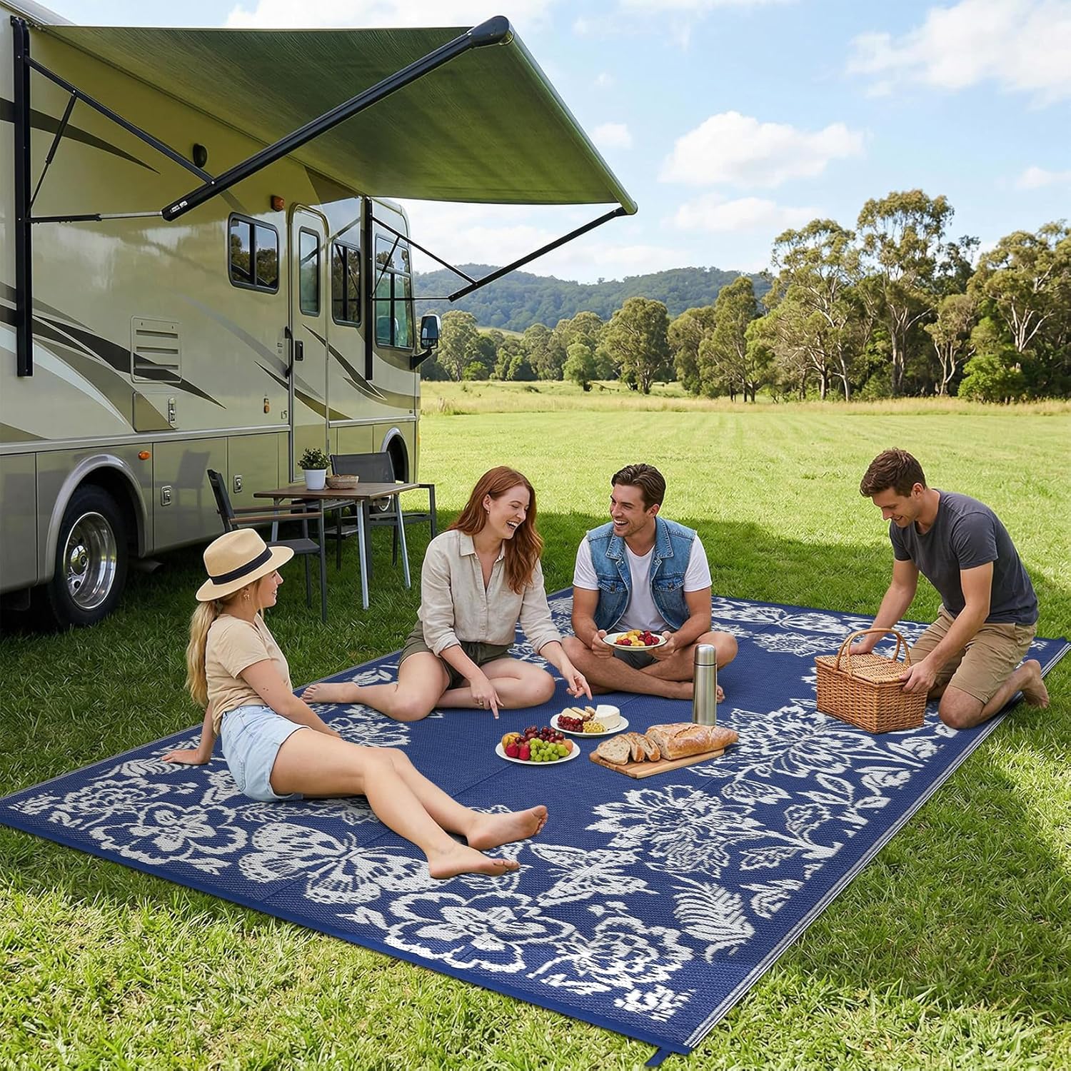 GarveeHome Outdoor Rug 8x10 Patio Waterproof, Reversible Plastic Straw Rugs for Camping, Picnic, Balcony, Porch, RV, Easy-Clean & Quick Dry Floral Pattern Large Indoor Outdoor Carpet, Dark Blue