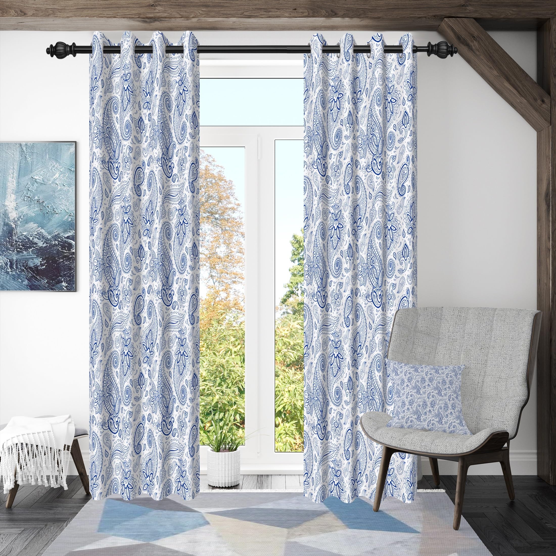 135x245cm Rideau à œillets Paisley Bleu Vintage Damassé Fleuri Feuilles Motifs Bohème Ferme Isolation Séparations de pièces Occultant Rideaux pour fenêtres Chambre Salon,2 Panneau