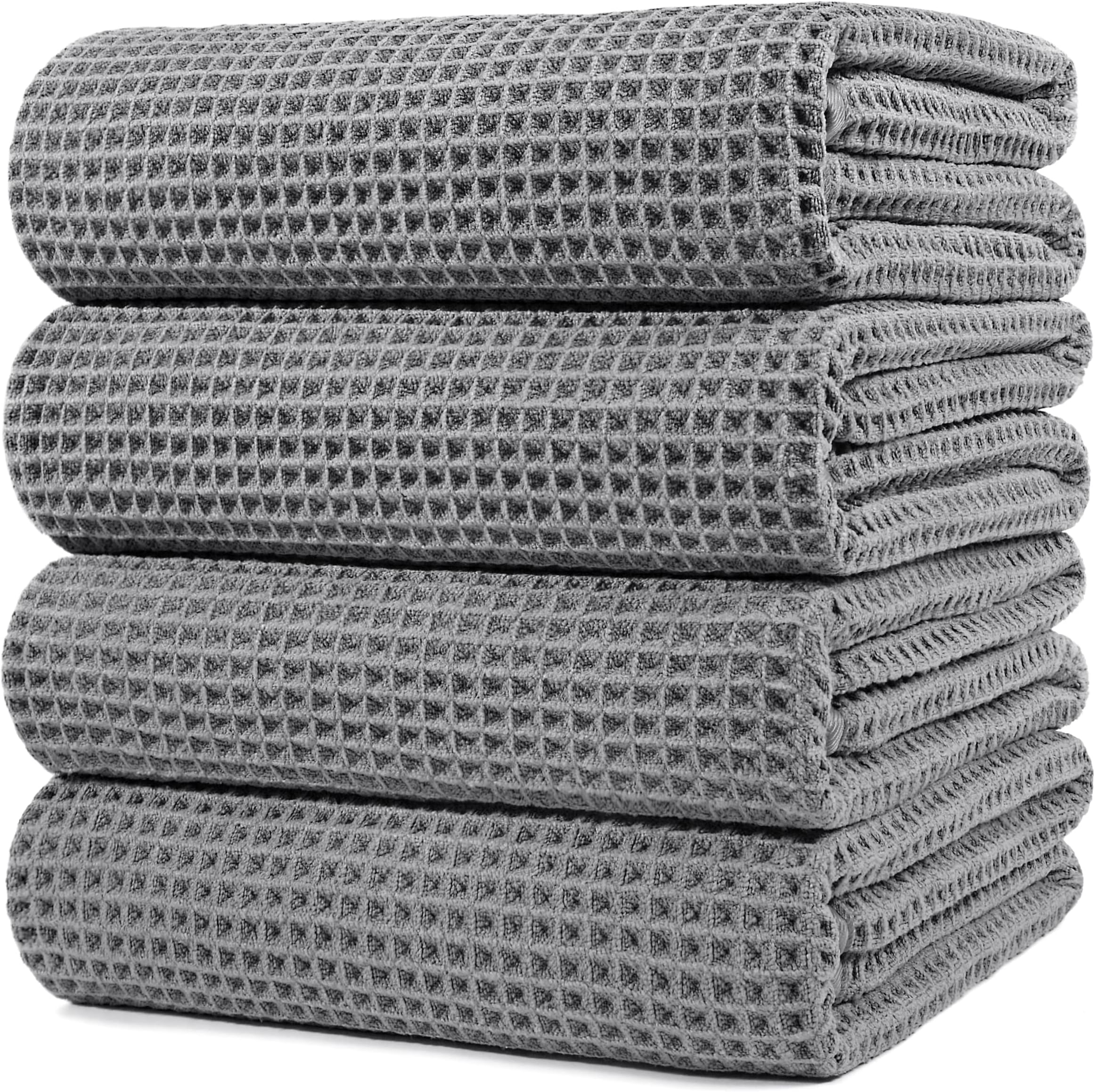 Microfibre Oversize Quick Dry Lint Free Bath Towel, 152 x 76 cm, 4 Pack (Grey, Waffle Weave)