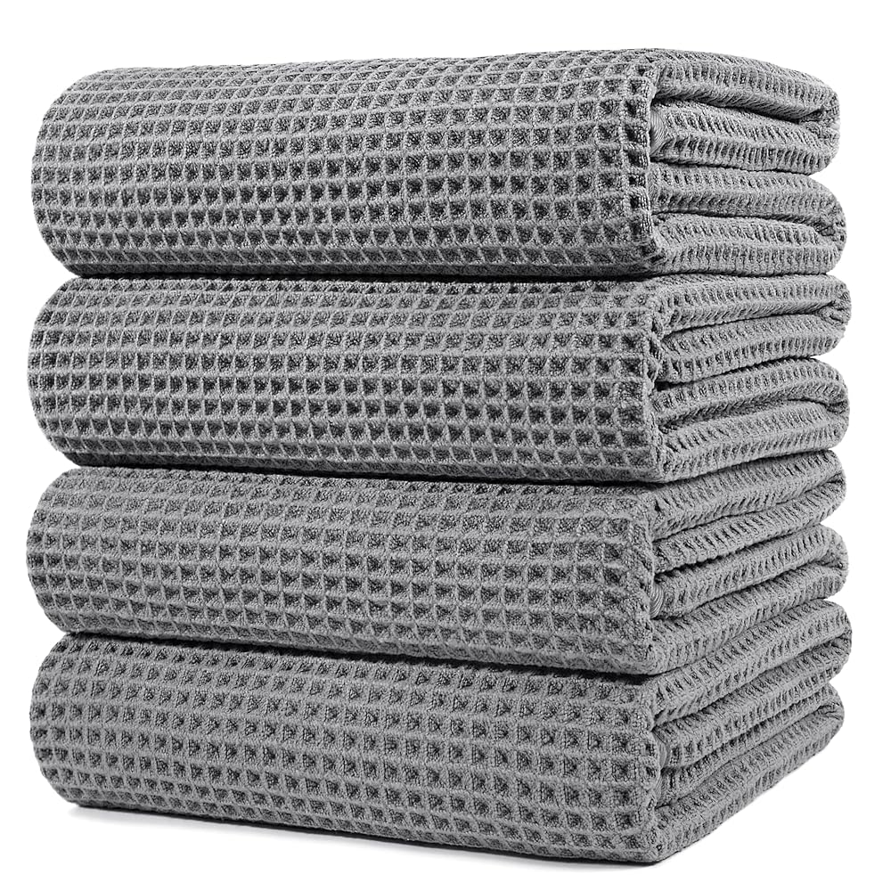 POLYTE 430 GSM Microfiber Oversize Quick Dry Lint Free Bath Towel, 60 x 30 in, 4 Pack (Waffle Weave)