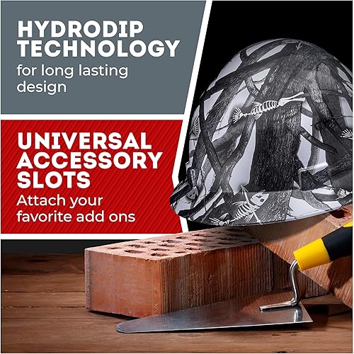 Miniatura 6 de ACERPAL Casco duro OSHA de ala completa, sin ventilación, diseño de calavera y tatuaje, acabado brillante, con suspensión de 6 puntos