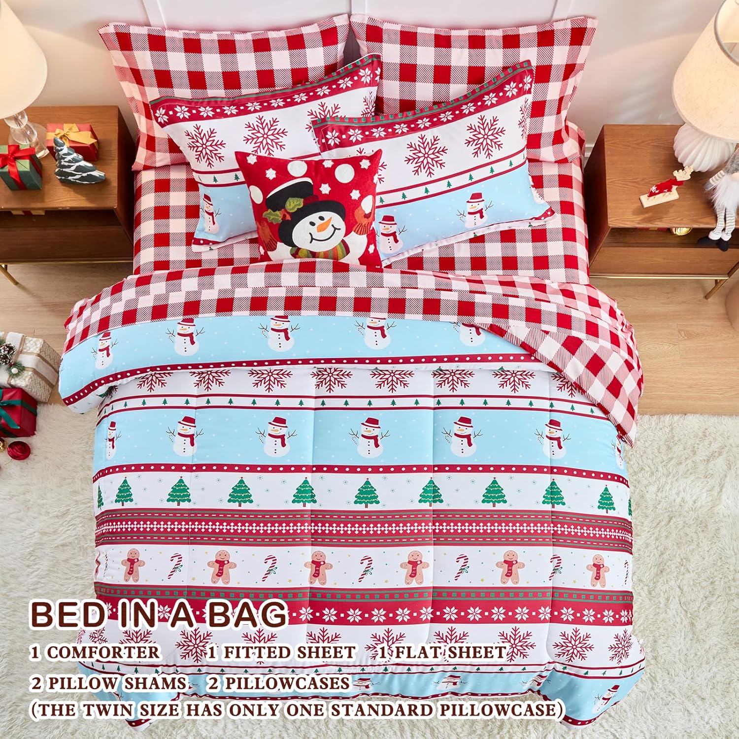 Joyreap 6 Piece Bed in a Bag Twin, Christmas Snowflake Santa Stripes Design Comforter Sheet Set, All Season Microfiber Holiday Theme Bedding Comforter Set
