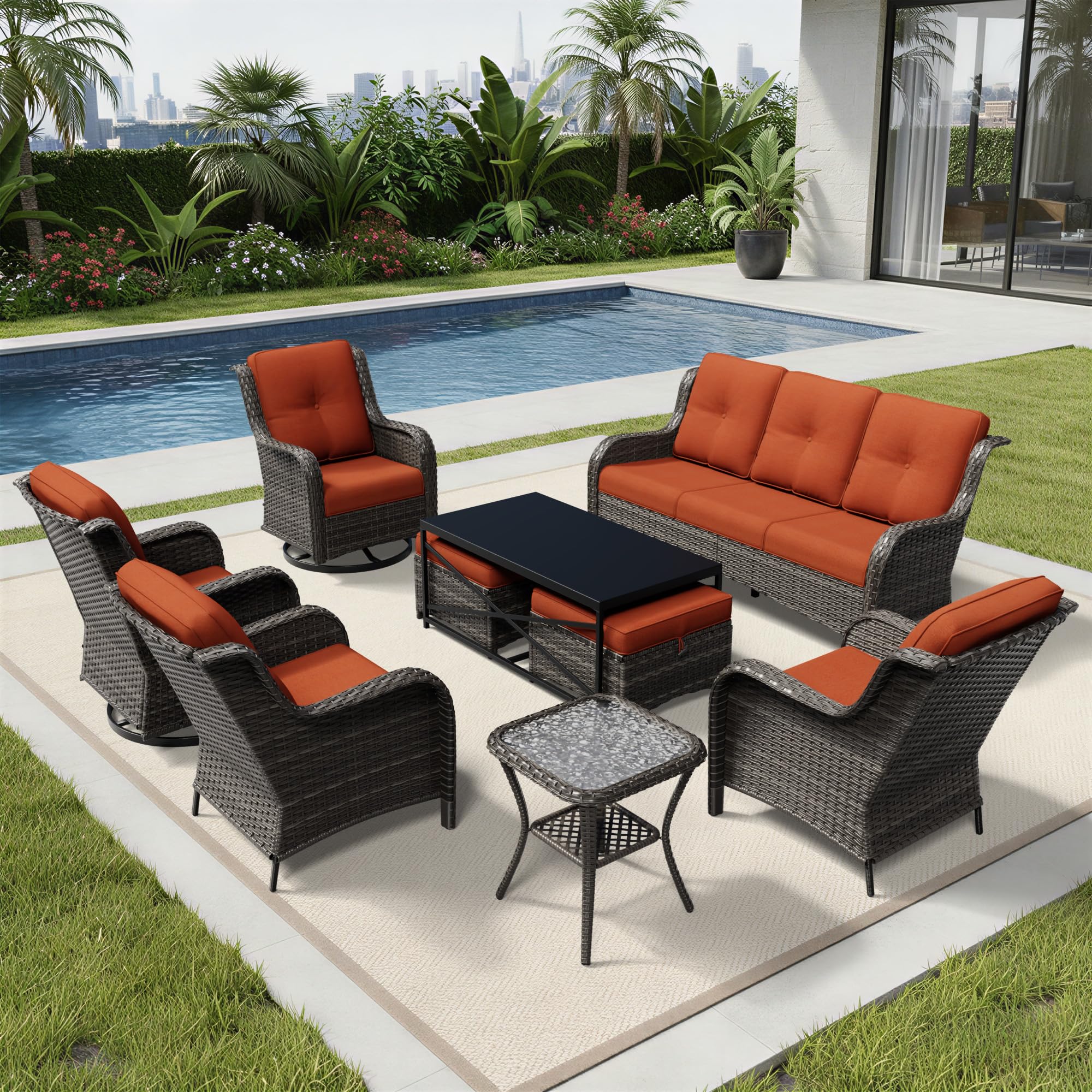 Joyside 9 Piece Wicker Patio Furniture Set, Outdoor Swivel Rocker Patio Chairs with High Back, Deep Seating, Wide Armrest, Thickened Cushions, Outdoor Furniture for Deck, Porch Use