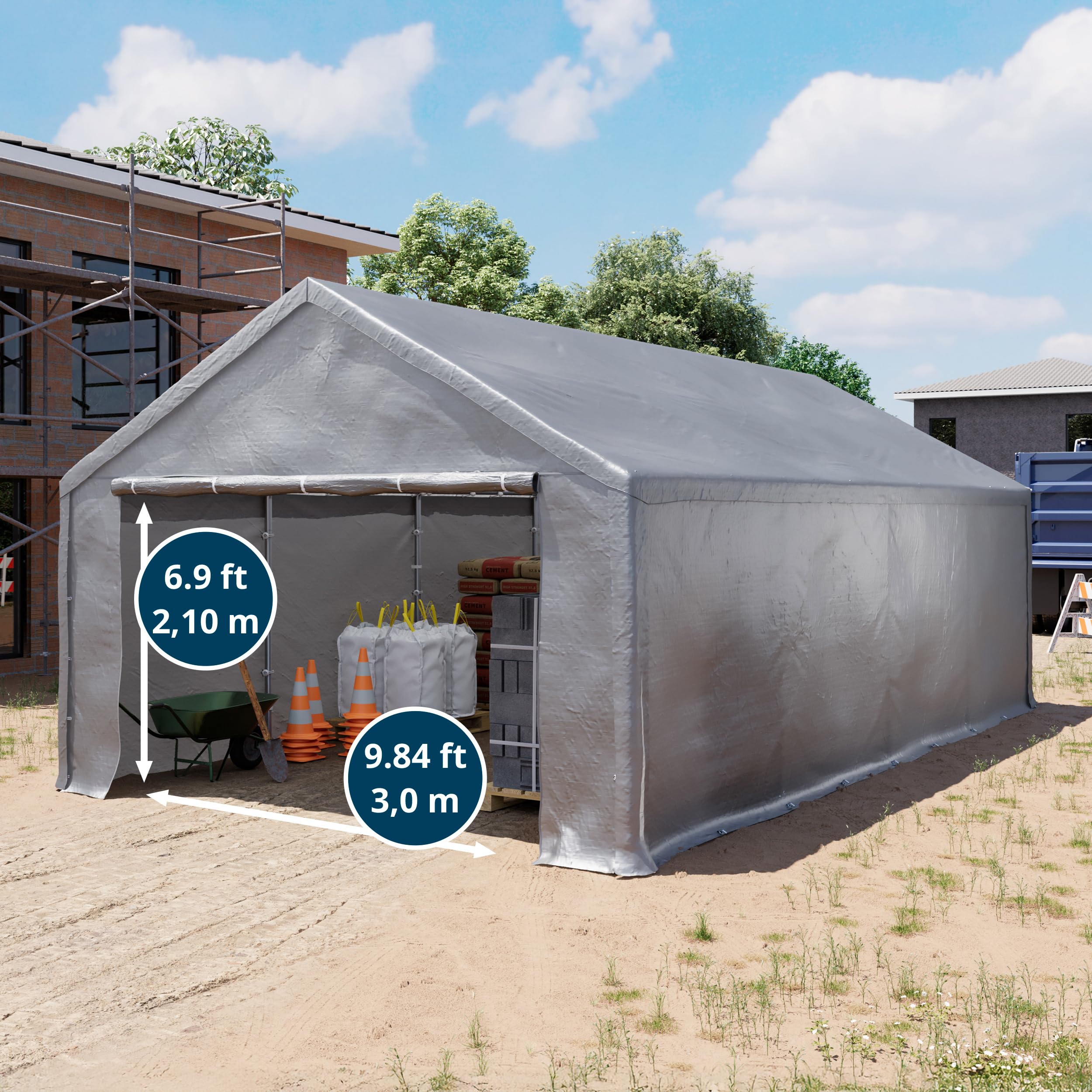 TOOLPORT Lagerzelt 4x8 m Zelthalle Unterstand Zeltgarage PE Plane 350 N wasserdicht in grau
