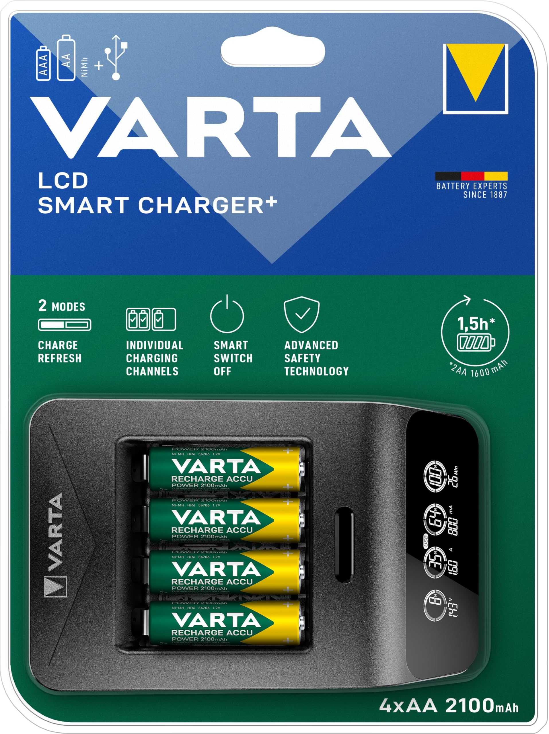 VARTA Cargador de Pilas, Incl. 4X AA 2100mAh, Cargador para Pilas AA/AAA Recargables, LCD Smart Charger+, Carga por Ranura única, 2 Modos: Carga, refresca
