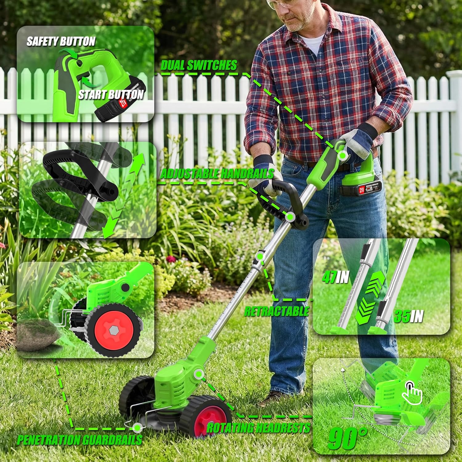 Cordless Weed Wacker Electric Eater Battery Powered Stringless Weed Trimmer 3-in-1 Grass Trimmer/Lawn Edger/Brush Cutter Lightweight Portable Garden Tool with 4 Types Blades & Wheels for Garden Yard