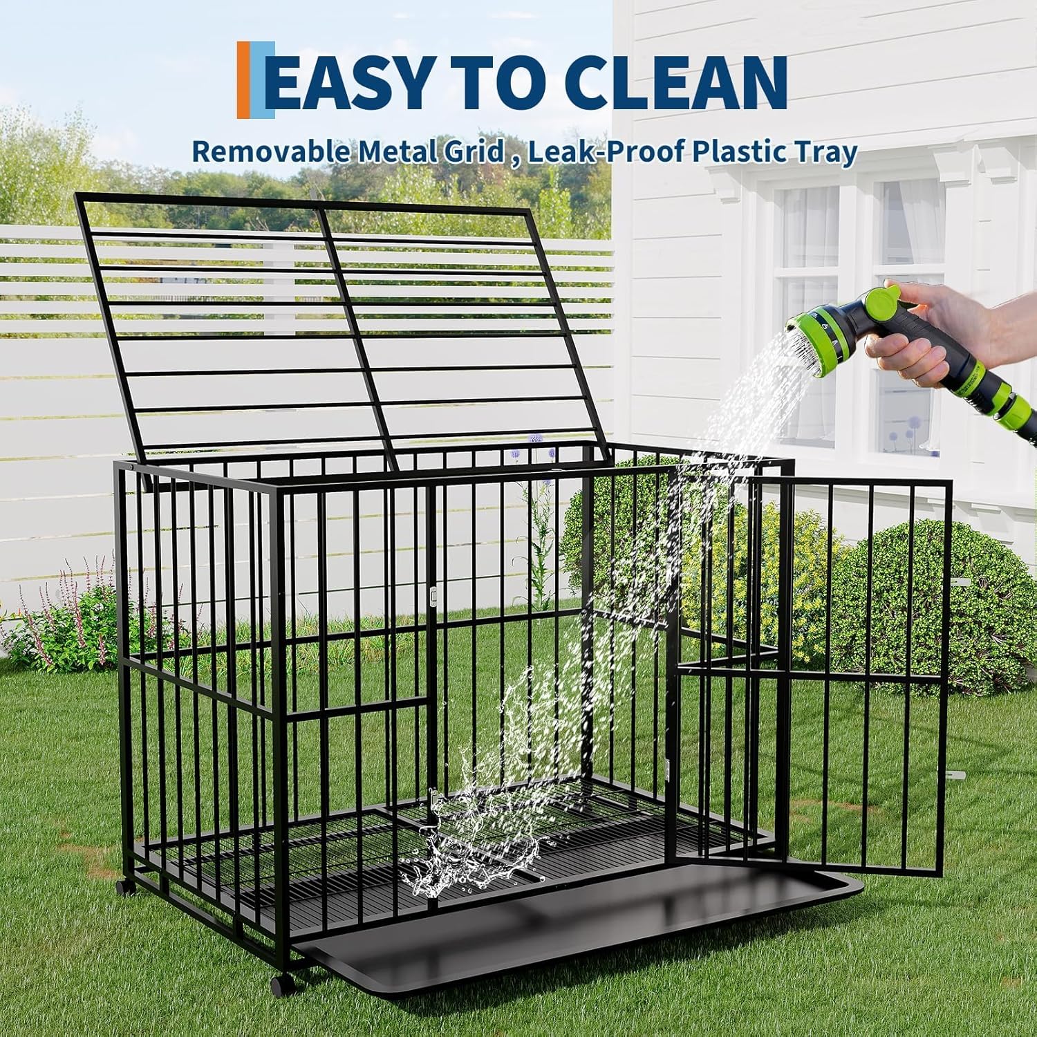 48 Inch Dog Crate for Large Sized Dogs, Heavy Duty Stainless Steel Indoor Kennel Escape Proof with Wheels and Removable Tray, Extra Large XL XXL Indestructible Dog Cage Stackable for High Anxiety Dogs