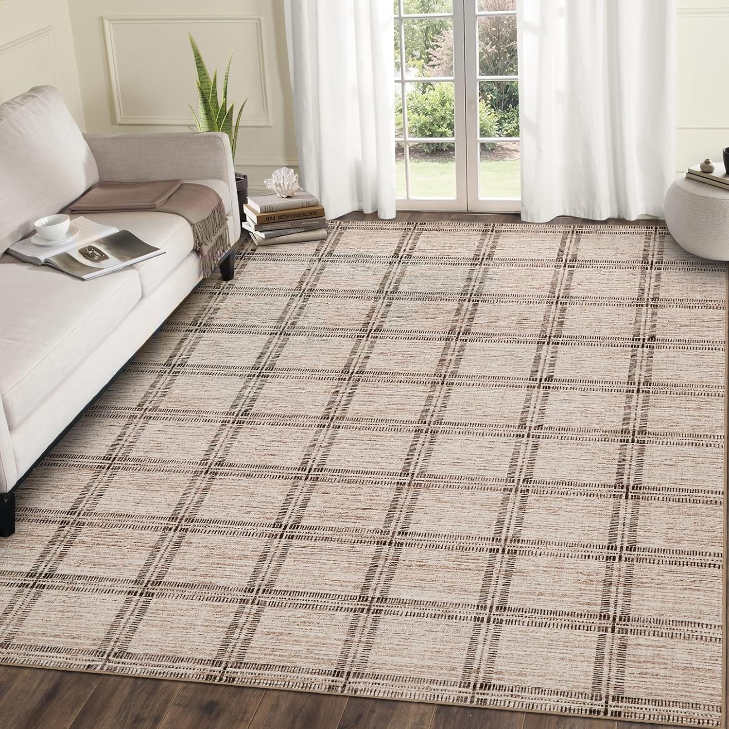 Garvee Washable 5x7 Checkered Area Rug for Living Room, Indoor Modern Geometric Non Slip Bedroom Nursery Rugs, Low Pile Stain Resistant Large Throw Carpet for Office Dining Room, Taupe