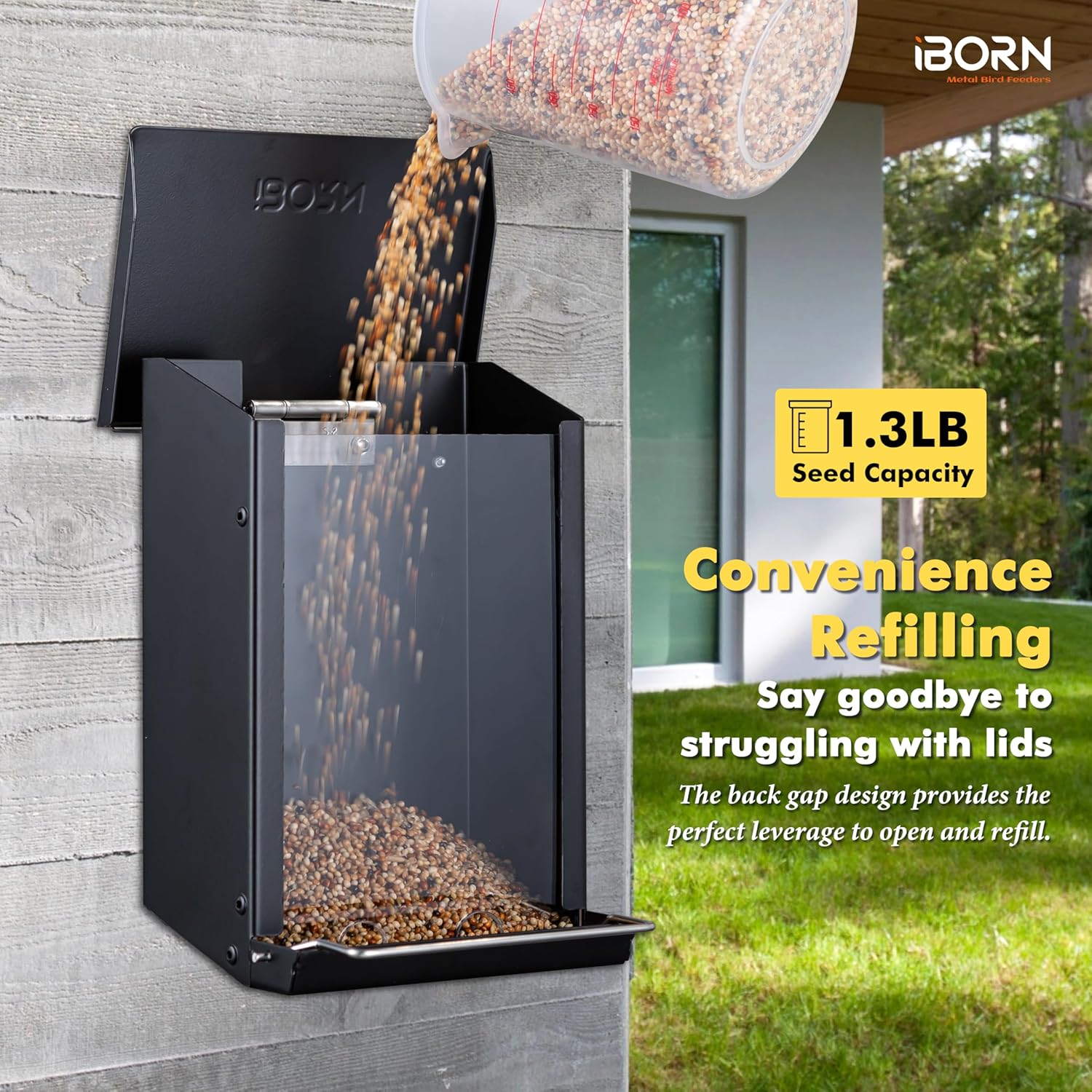 iBorn Bird Feeder for Outdoors, Wall Mounted Bird Feeder Weatherproof Metal Roof, Heavy Duty Metal Birdfeeder for Tree, Fence, Wall Screwed-in Mounting, All Detachable Easy Clean,1.3Lbs, Black