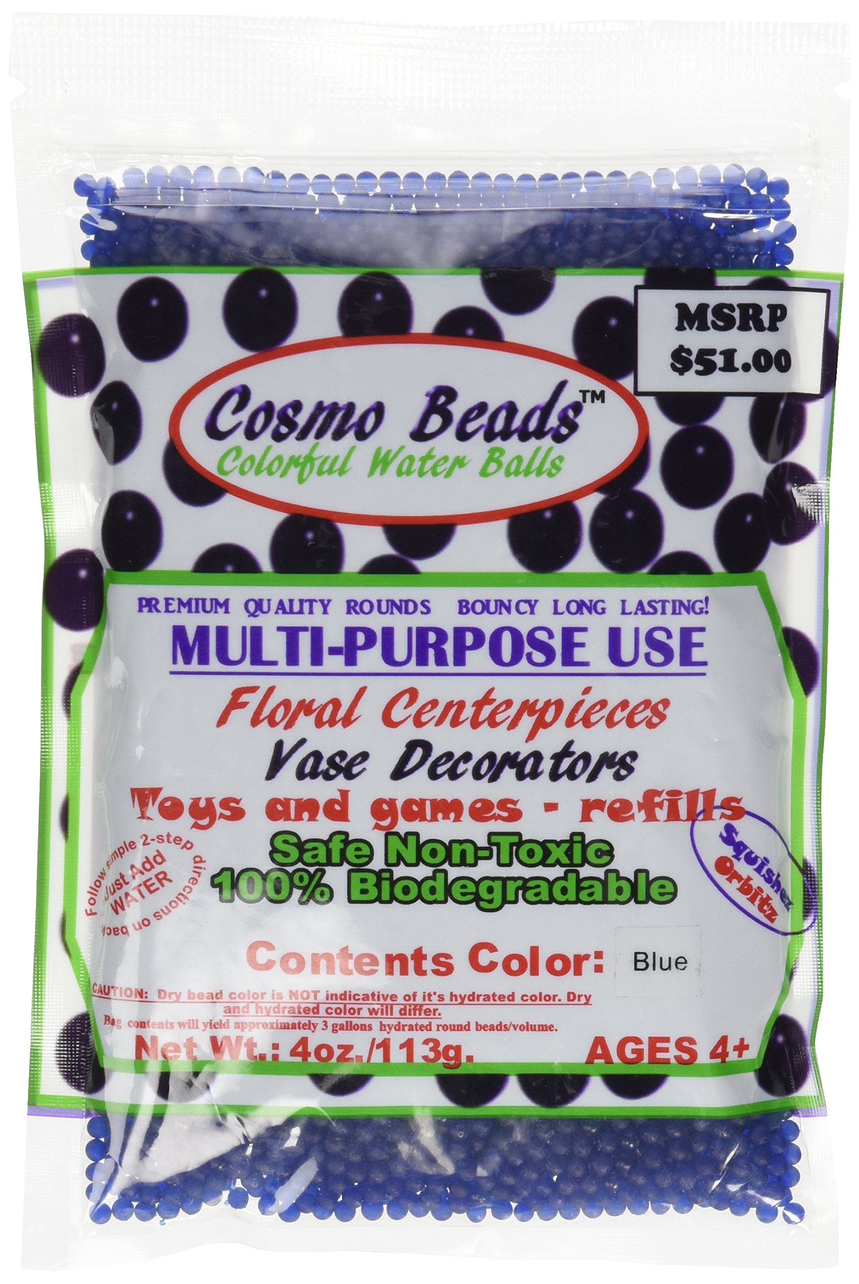 Water Pearls Gel Beads- Wedding & Event Centerpieces- Cosmo Beads (Tm)-Makes 3 Gallons (4 Oz. Pack) (Blue)