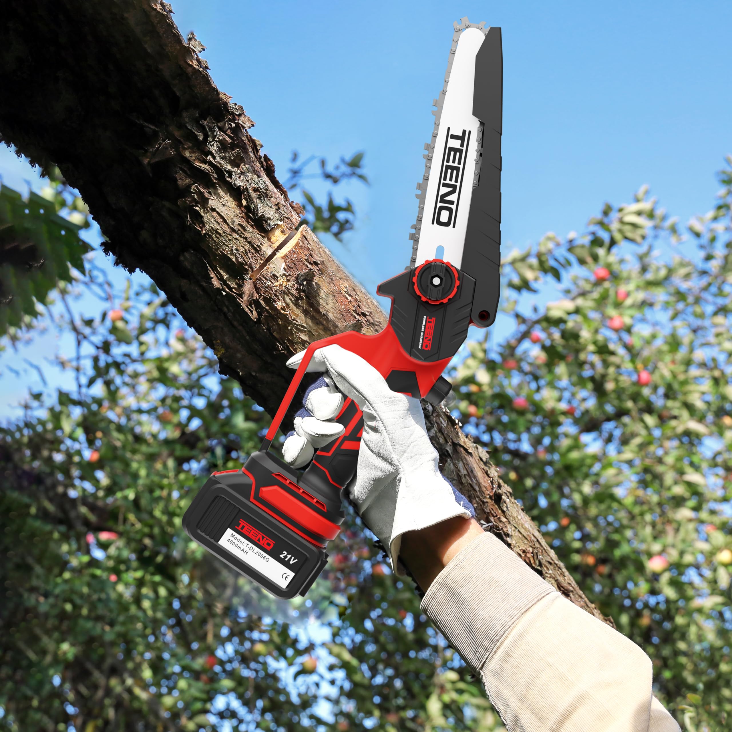 TEENO Motosierra eléctrica 2 en 1,Con pértiga extensible desmontable | Guía de sierra 2×6 pulgadas,2 baterías de 4Ah,2 cadenas de sierra,Ángulo ajustable de 180°,Ideal para jardinería y poda