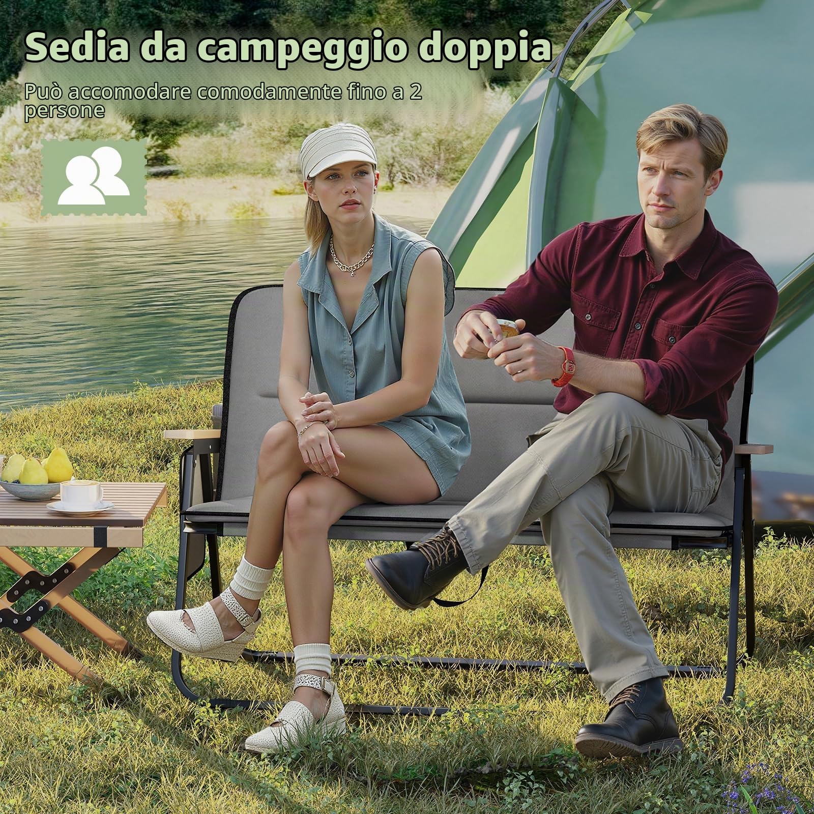 KOMFOTTEU Sedia Pieghevole da Campeggio a Doppio, Sedie da Esterno Portatili con Cuscino Rimovibile, Tasca Laterale, Braccioli, Sedia da Giardino in Tessuto Oxford per Pesca, Spiaggia, Picnic, Grigio