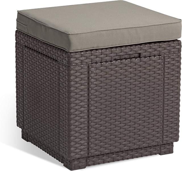 Allibert by Keter Outdoor Garden Storage Seat Stool with Cushion - Brown with Taupe Cushion