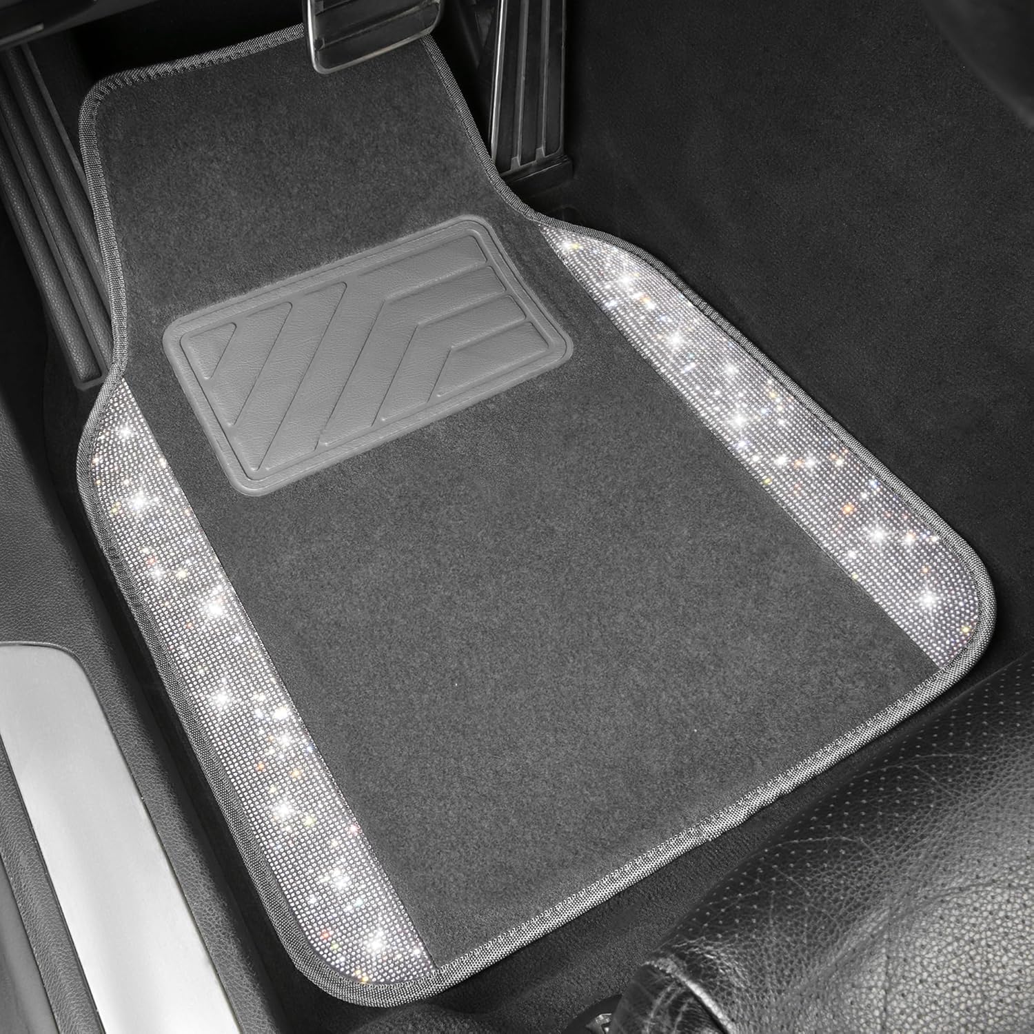 CAR PASS Bling Diamond Car Mats Shining Carpet Crystal Rhinestones Sparkly Glitter Floor Mats with Anti-Slip PVC Heel Pad Universal Fit for Automotive SUV, Sedan, Car, Van, 4pcs for Girl Women, Gray - Image 2