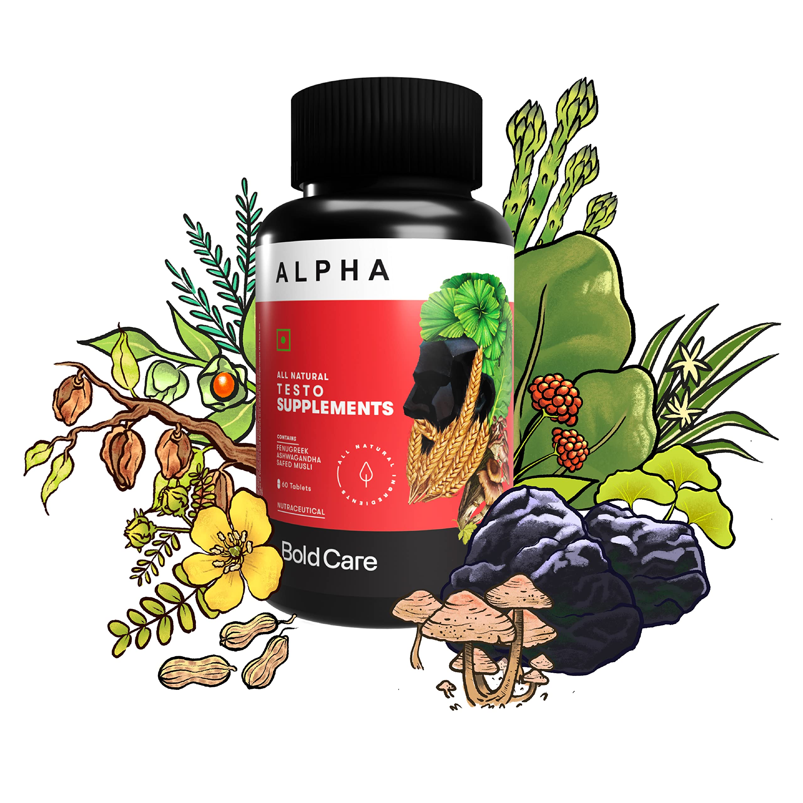 Bold Care Alpha Testo Gain - Tribulus Terrestris, Ashwagandha, Shilajit, Safed Musli - Natural Bodybuilding Supplements for Men - Pre or Post Workout for Performance & Energy - 60 Tablets