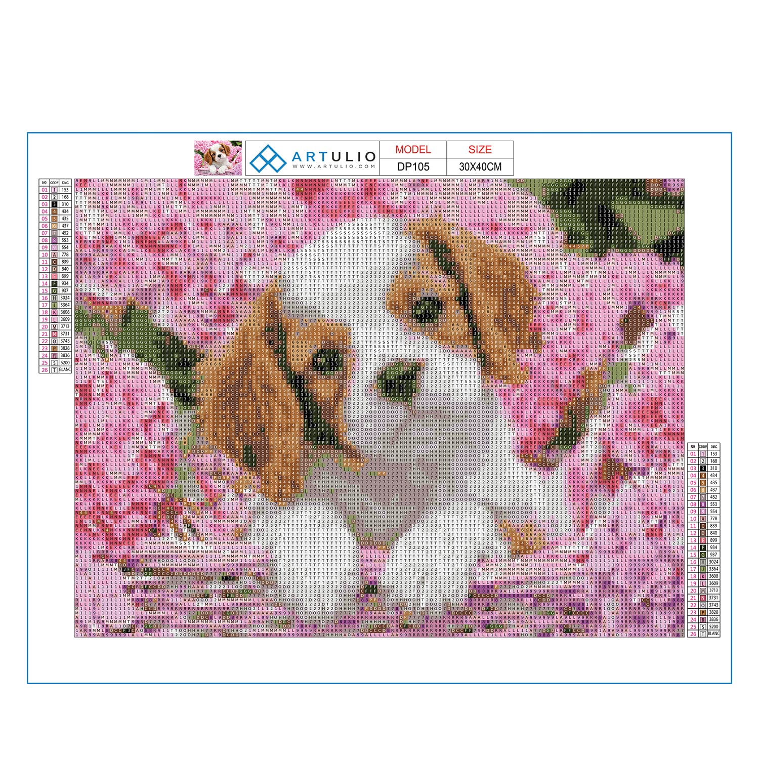 ARTULIO Diamond Painting Kit 5D DIY - Bellissimo cucciolo su sfondo di fiori rosa - 30x40cm - Pittura Diamante