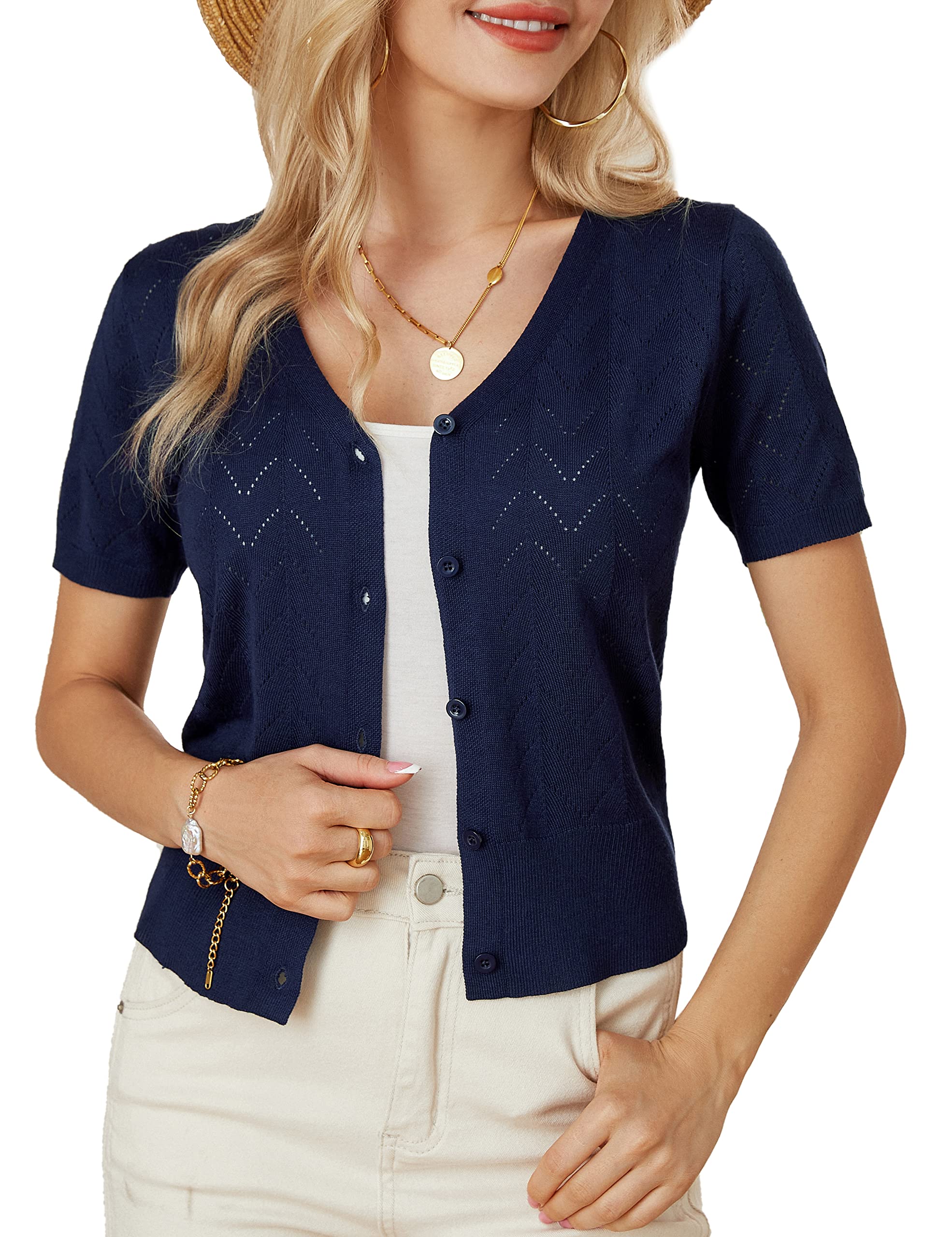 GRACE KARINWomen’s Short Sleeve 2024 Cropped Cardigans Button Down Boleros Sweaters Lightweight Hollowed-Out Knit Shrugs