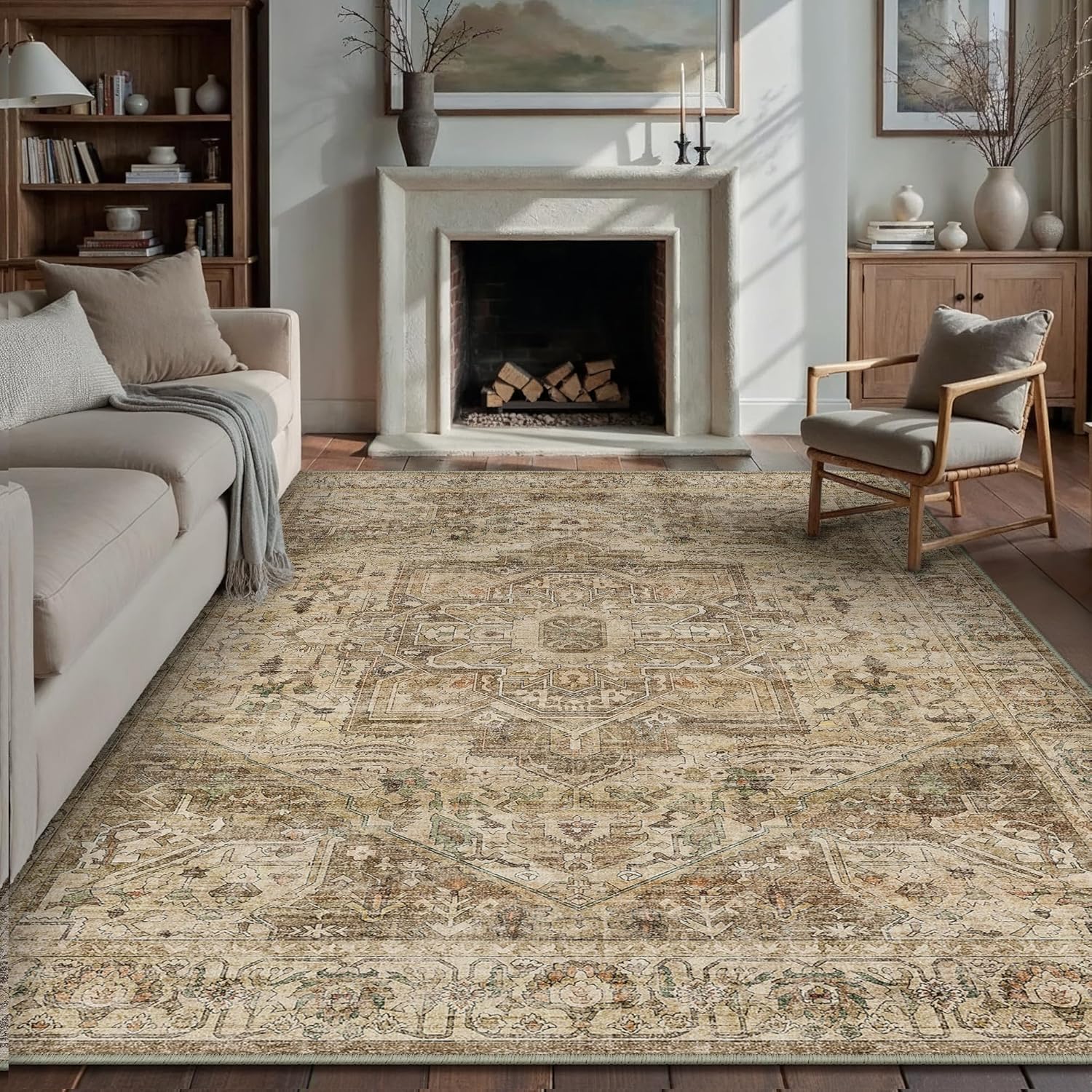 Brown Multi Area Rug 8x10 Vintage Washable Distressed Living Room Carpet Large Indoor Non Slip Traditional Medallion Retro Low Pile Accent Throw Rug Bedroom Kitchen Office Dining Room 8' x 10' (Rectangular) Retro Brown Multi