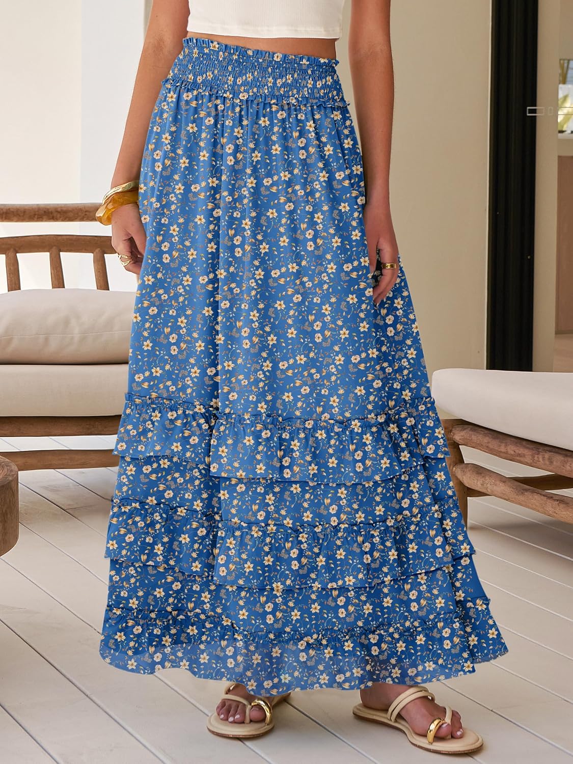 ANRABESS Maxi Skirts for Women Summer Boho Tiered Flowy Elastic High Waist Beach Long Skirt Casual Spring Vacation Outfits - Image 3