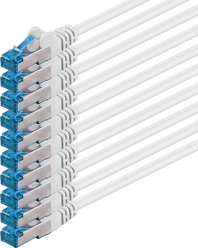0,5m Cable de Red, Cable Ethernet y LAN SFTP PIMF Cat6a - transmite hasta 10 Gigabit por Segundo y es Adecuado para switches, routers, módems con Entrada RJ45, blanco - 10 piezas