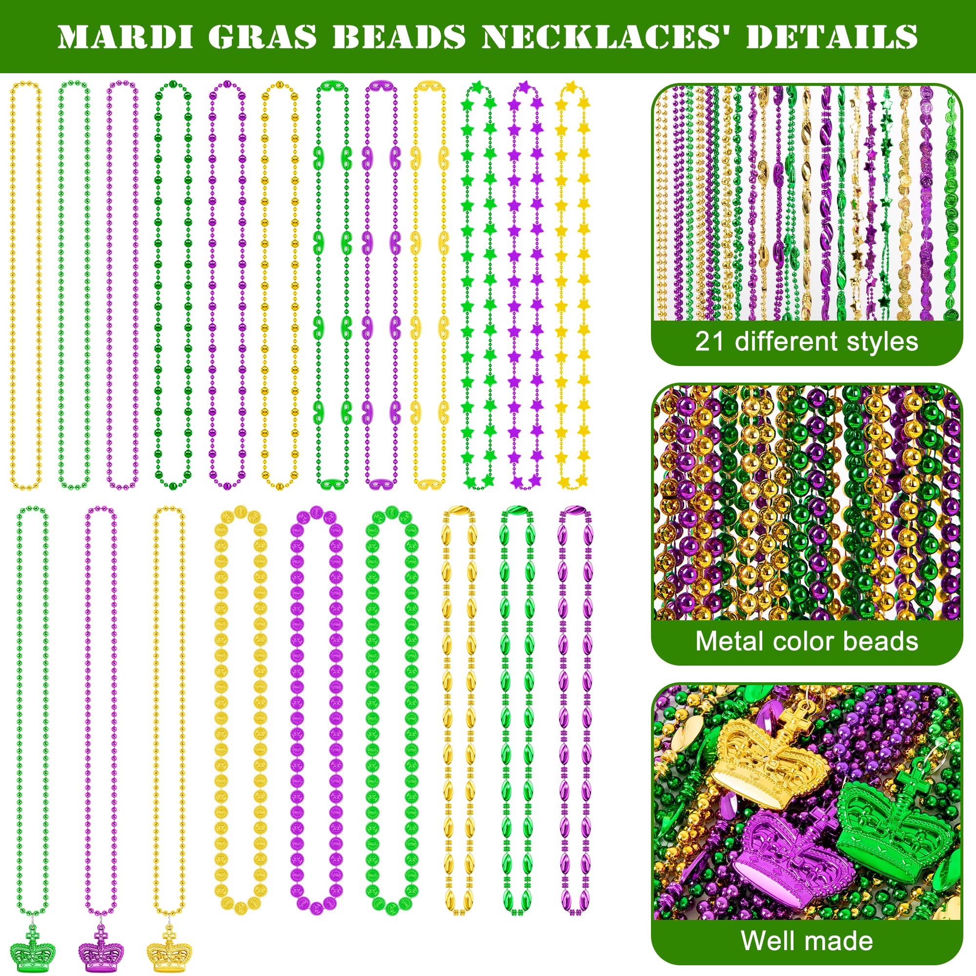144 piezas de cuentas de Mardi Gras, cuentas metálicas de Mardi Gras, color verde, morado, dorado, accesorios a granel, collar de cuentas de Mardi Gras, disfraces, mujeres, hombres, niños, para
