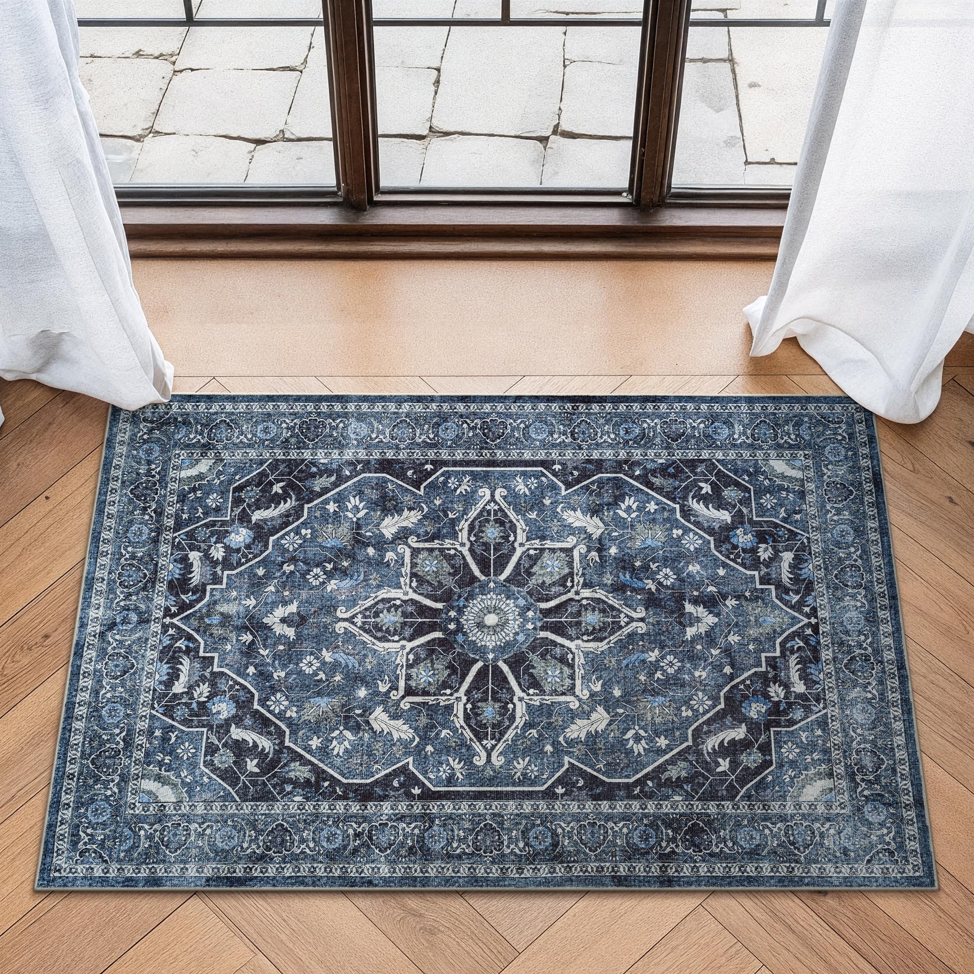 Bloom Rugs Washable Non-Slip 2x3 Rug - Blue/Charcoal Traditional Oriental Area Rug for Living Room, Bedroom, Dining Room, and Kitchen - Exact Size: 2'
