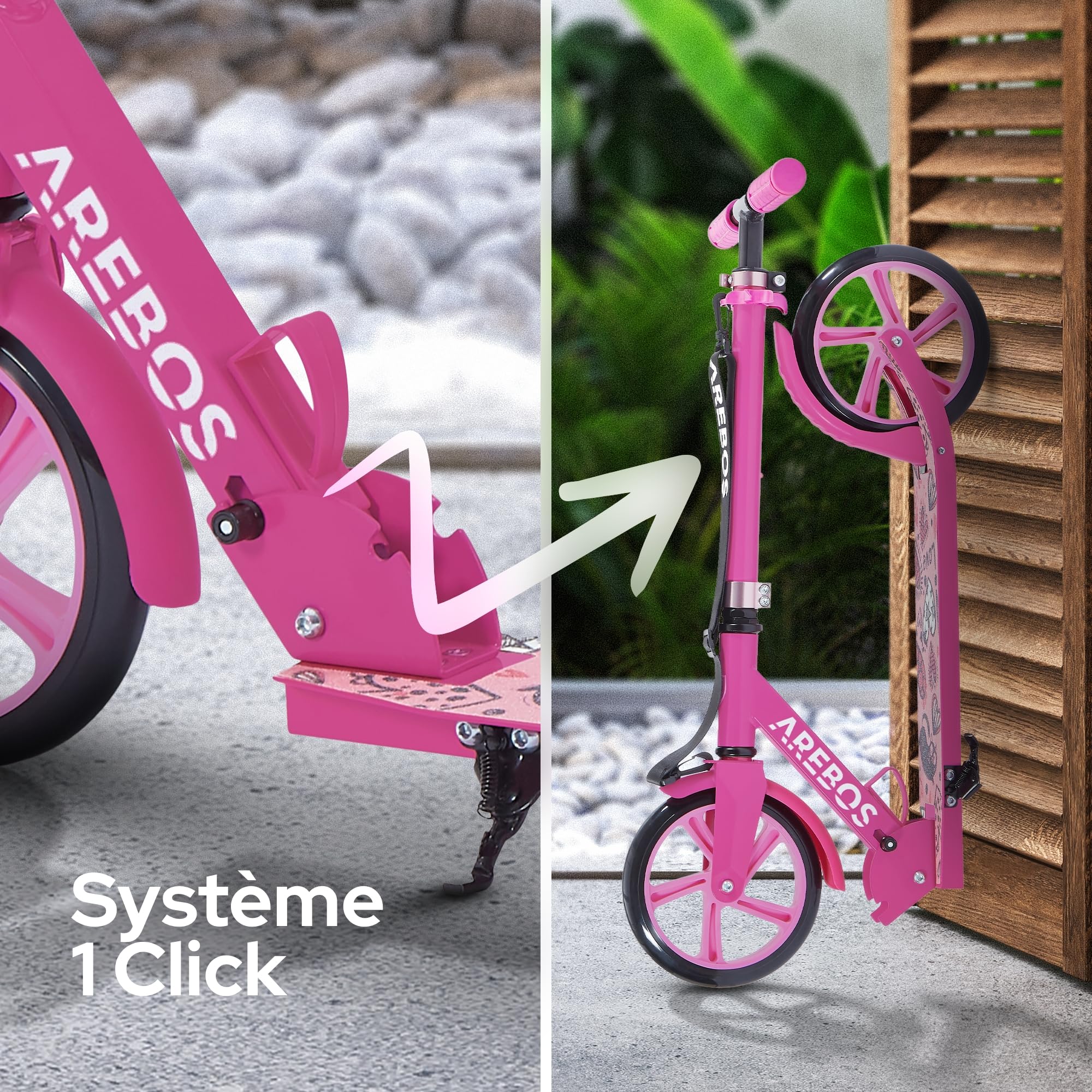 Arebos Trottinette de Ville | Hauteur réglable | Pliable avec Sangle | Roues XXL | Frein à pédale | pour Enfants et Adultes | Charge Max. 100 kg
