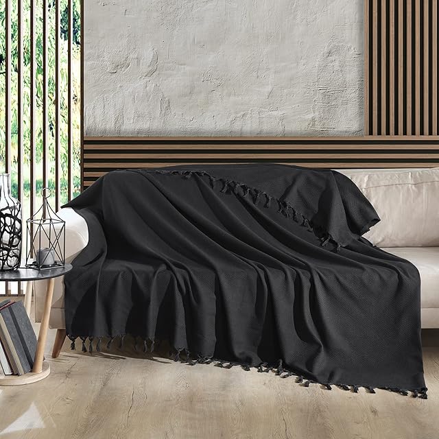 Milam London Black Throw Blanket 100% Cotton Large Throw For Sofas | Beds | Settees | Bedspread Double Size | Large Blanket For Beds | 200 x 230 cm