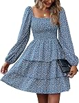 BTFBM Women Square Neck Smocked Dresses 2026 Summer Spring Long Sleeve Floral Swiss Dot Mini Boho Wedding Guest Dress