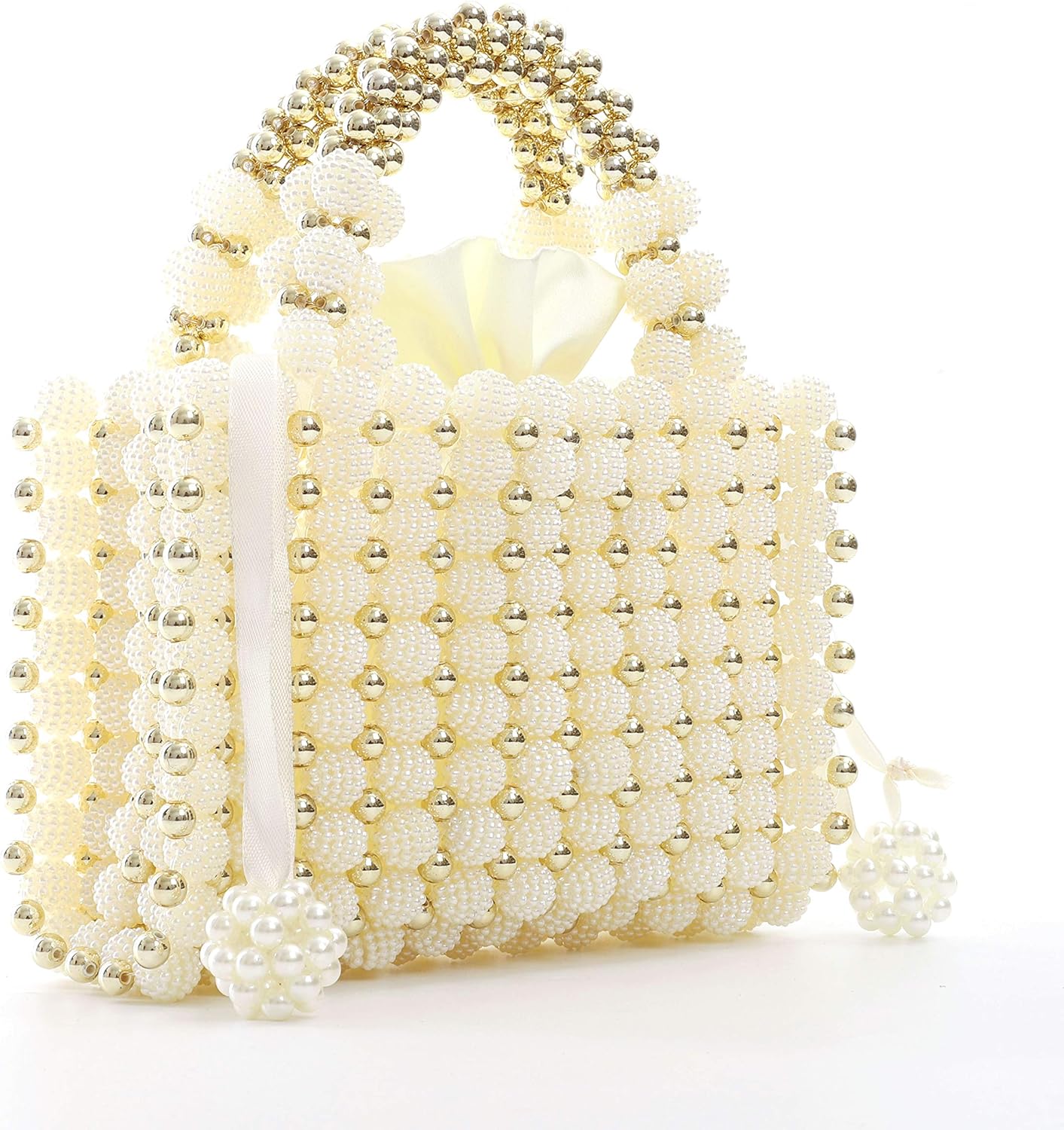 YUSHINY Women Handmade Pearl Beaded Evening Handbag Top Handle Purse with InnerBag & DustBag