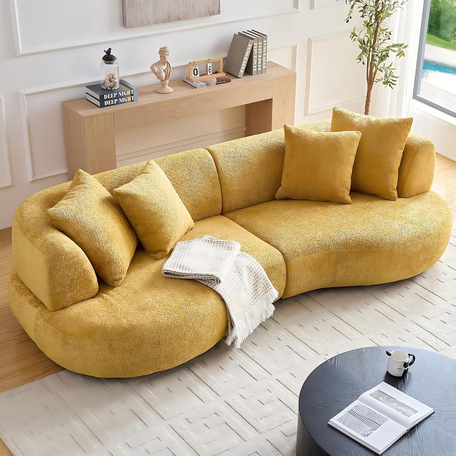 Modern Curved Couch for Living Room, Yellow Teddy Fabric,A Quarter Circle Sofa Set,Half Moon Shape Chaise Sofa Extra-Large Loveseat