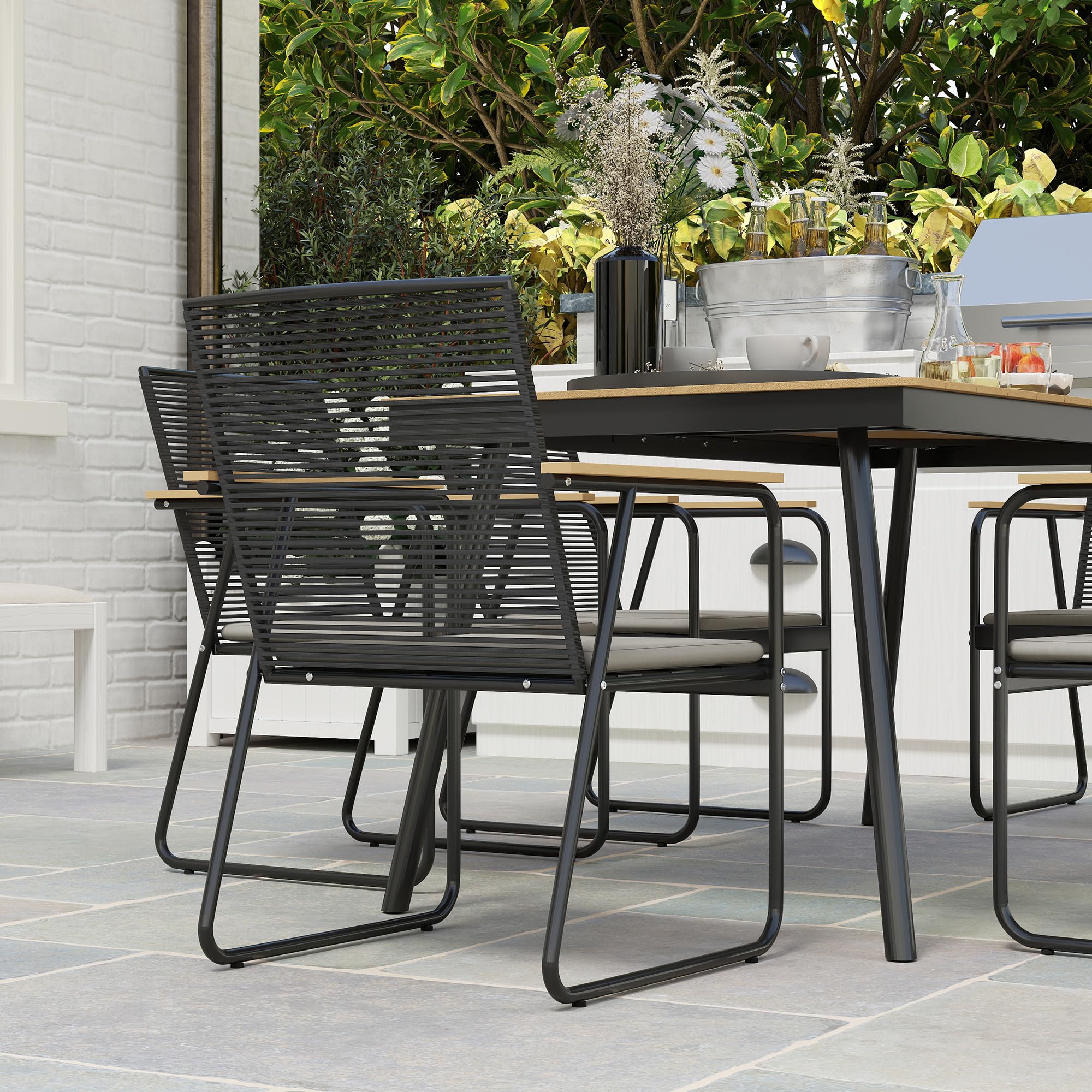 Outsunny Sitzgruppe 7-TLG. Metall Essgruppe 6Per. Gartenmöbel-Set Naturholz | Esstisch, Tisch mit 6 Stühlen, Esszimmergruppe, Küchentisch-Set mit Metallgestell, Balkonmöbel