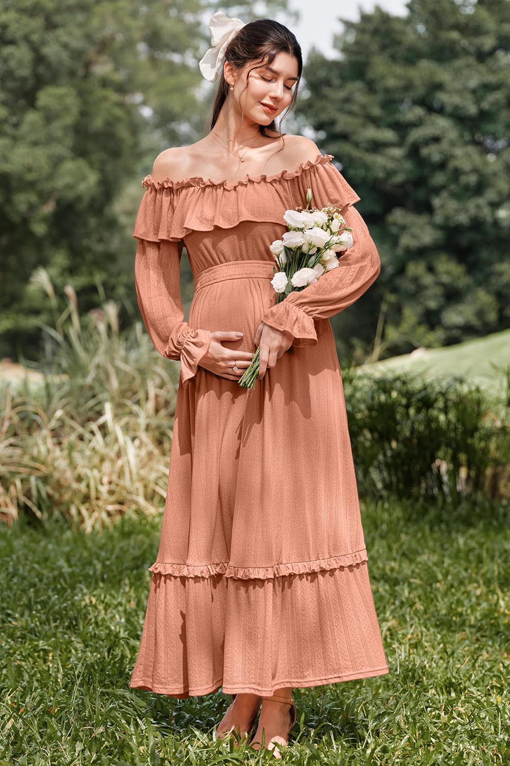 OUGES Women's Cotton Blend Off Shoulder Maternity Dress for Photoshoot Puff Sleeve Ruffle Baby Shower Maxi Dresses - Image 3