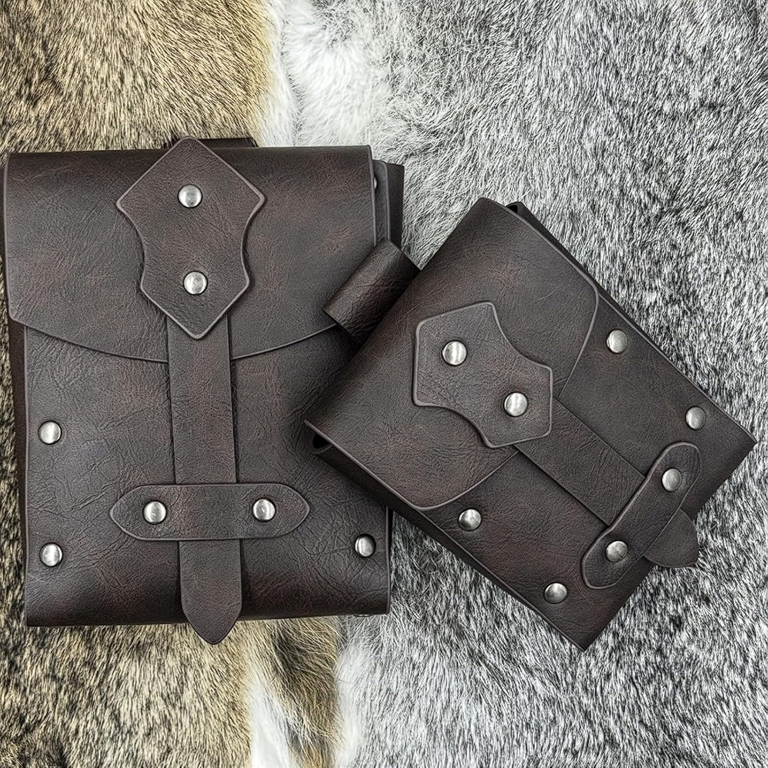 中世のウエストバッグセット、ベルト付きリベット留めスクエアポーチ2個セット、ルネッサンスフェア用北欧コスプレ小道具(Dark Bro