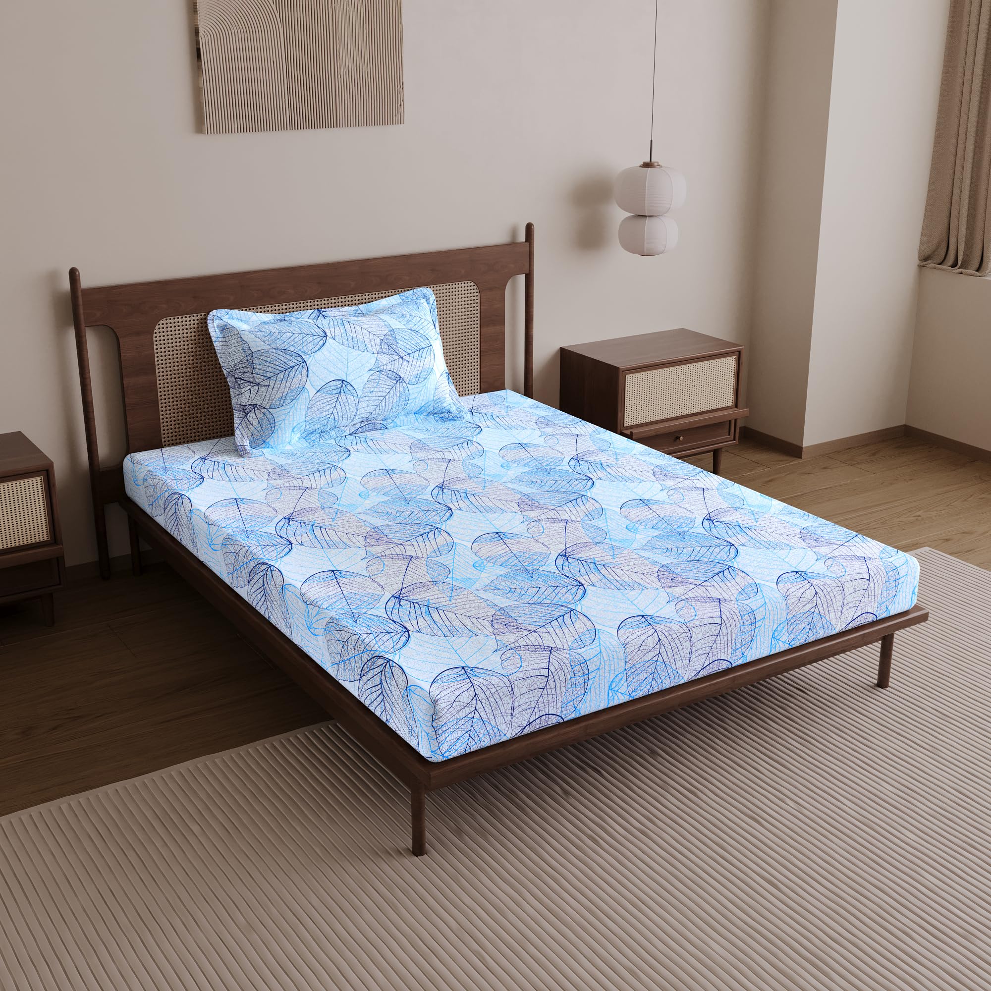 Divine Casa 144 TC Cotton Single Bedsheet with 1 Pillow Cover | Soft Breathable Wrinkle Free Bedsheet for Single Bed | Printed Bed Sheet Set for Bedroom | 145 x 223 cm (Light Blue, Floral)