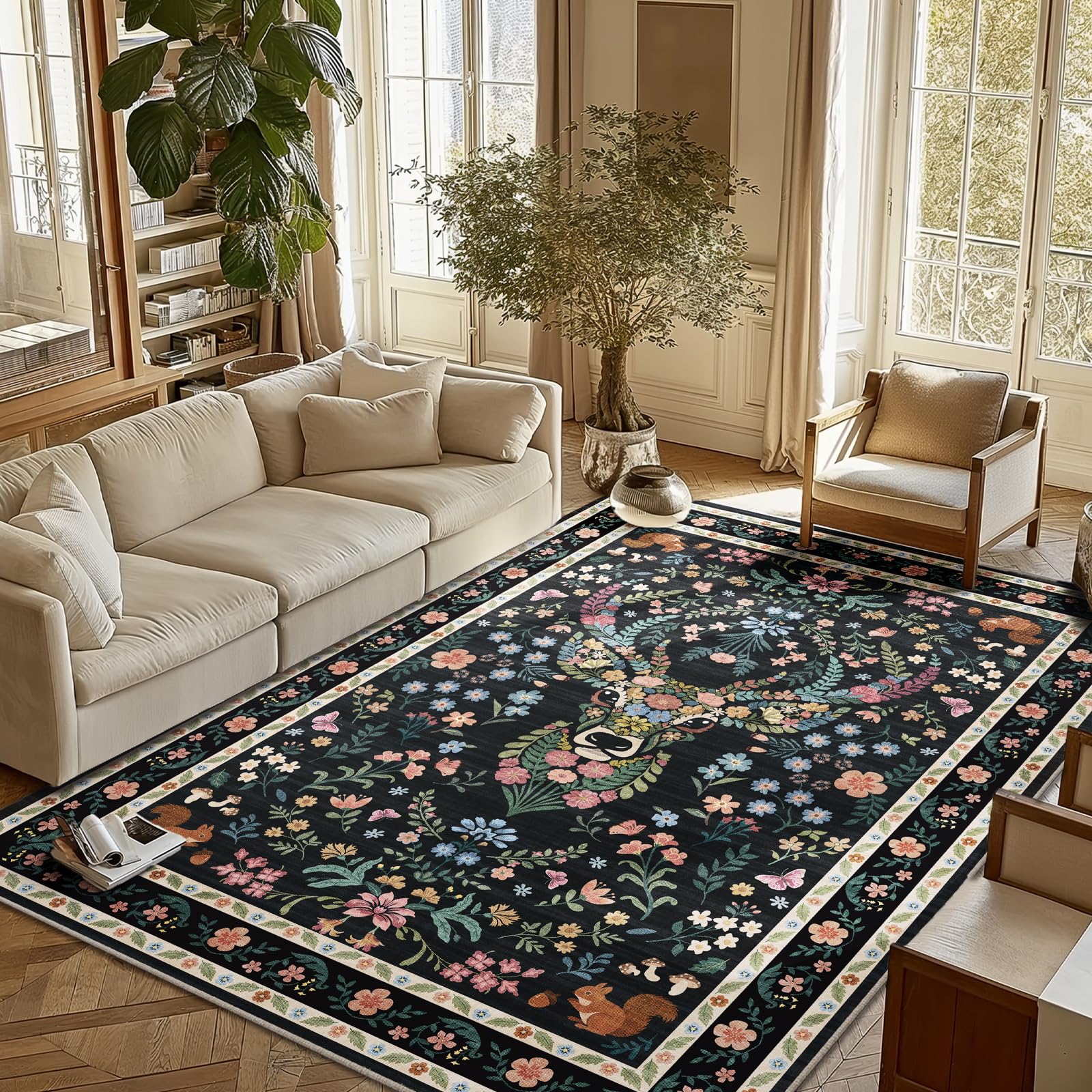 Area Rug Vintage Floral Deer Pattern 6x9 - Bohemian Forest Animal Carpet with Squirrel &amp; Butterfly, Soft Decorative Area Rug for Living Room Bedroom Home Decor