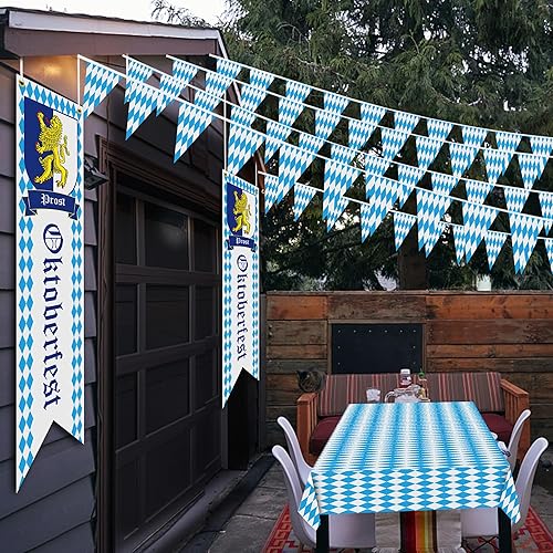 Miniatura 6 de Decoraciones de Oktoberfest, banderas colgantes de octubre de 65.6 pies, manteles y pancartas de letrero, banderas bávaras del Oktoberfest, manteles