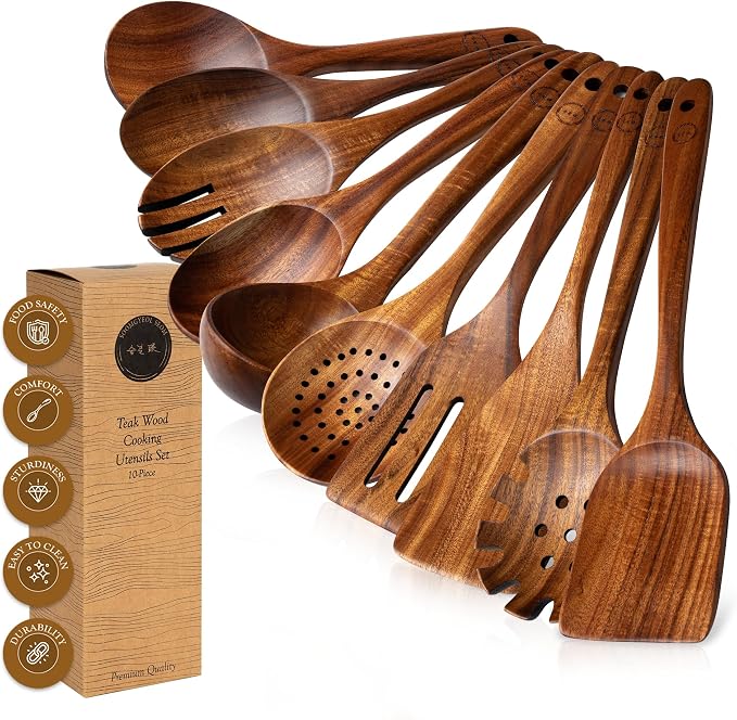Wooden Spoons for Cooking - 10 Pcs Teak Wood Cookware Utensil Set with Smooth Finish - Non-Stick, Comfortable Grip - Durable, Heat Resistant Kitchen Utensils