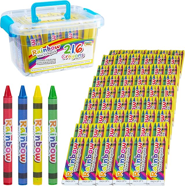 KreativeKraft Wax Crayons Kids and Toddlers - 216pcs 54 x 4 Pack Rainbow Colours Assorted with Carry On Case - Kindergarten School Party Bag Fillers Classrooms