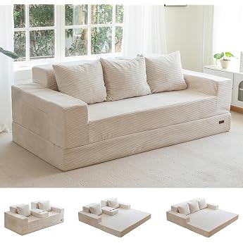 MAXYOYO Folding Sofa Bed Corduroy Floor Sofa with Cup Holder