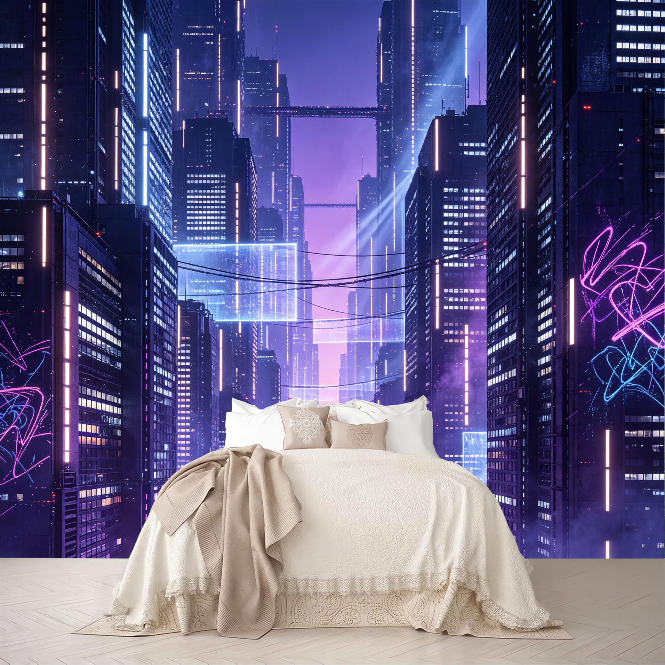 Dskjoviality Ab260706077 Custom Size Wall Murals Purple Neon Cyber Skyscraper City Landscape Removable Self-Adhesive For Bedroom Living Room Dining Room