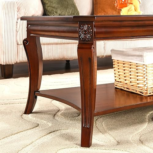 Miniatura 6 de Mesa de centro con parte superior de vidrio templado y estante de almacenamiento, mesas de sala de estar de granja con patas de madera maciza