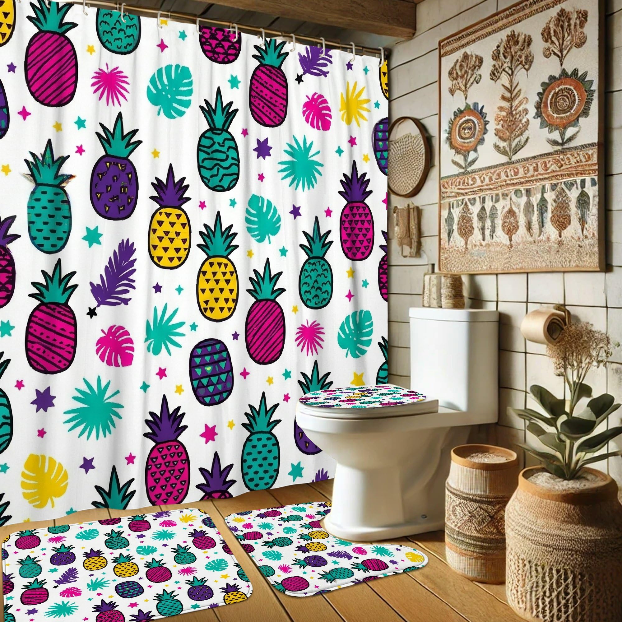 Rideaux de douche moderne 183x183 cm turquoise et feuilles tropicales