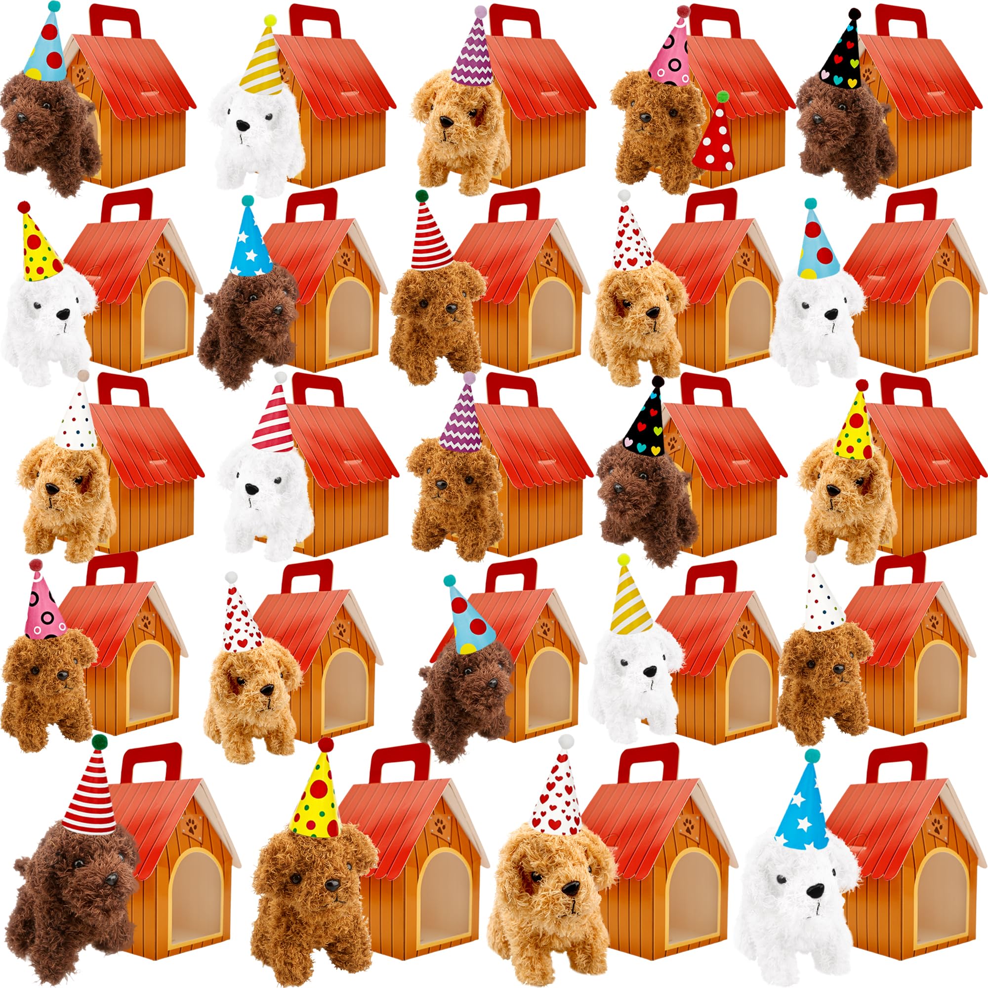 72 piezas de regalos de fiesta de perro de peluche con 24 mini juguetes de peluche de perro de peluche, 24 sombreros de cumpleaños y 24 casas de perro de cartón rojo para adoptar fiesta de